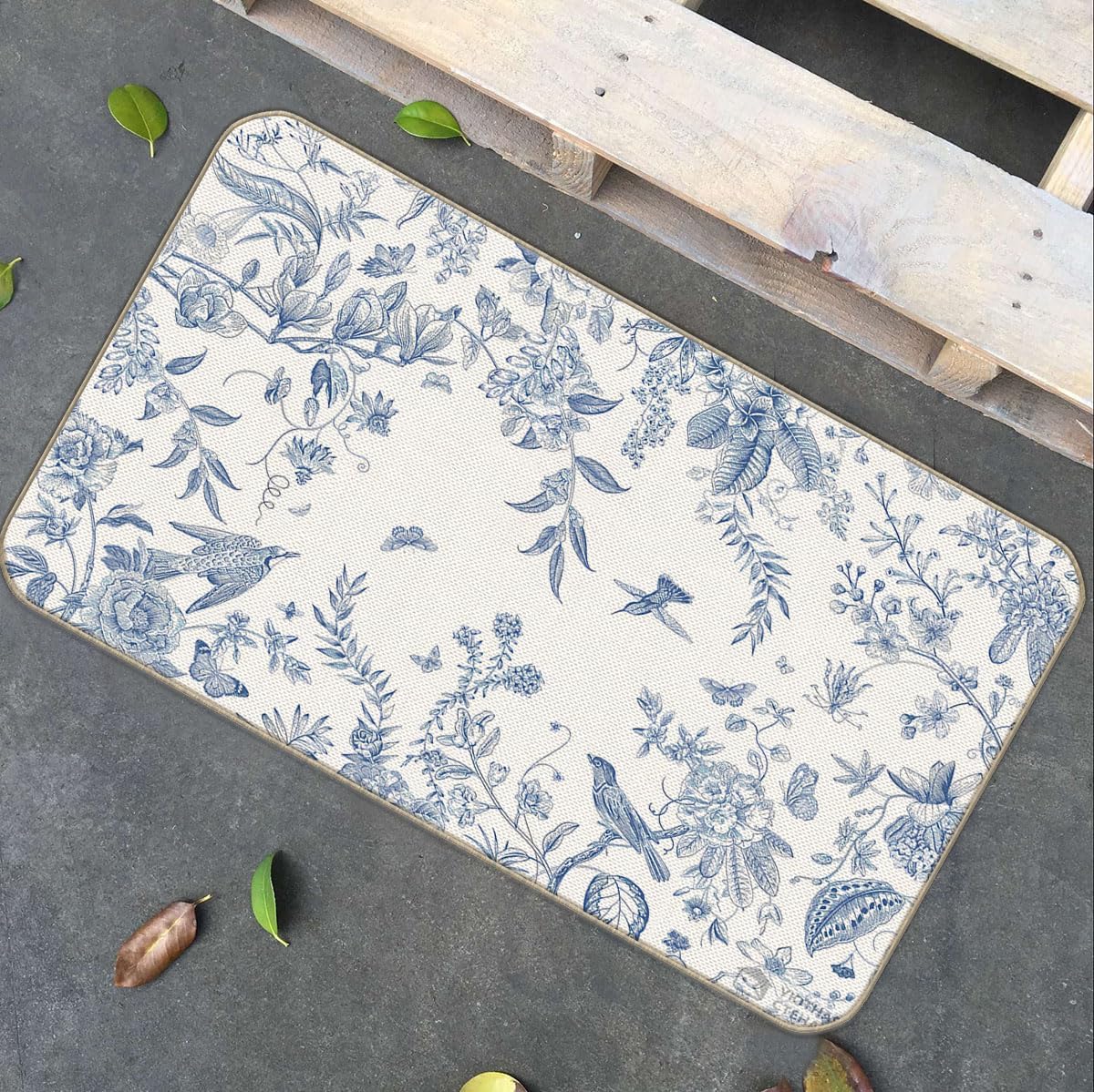 Blue White Birds and Flowers Door Mat,17"X30" Decorative Home Indoor Outdoor Front Porch Door Mat,Rustic Vintage Spring Flower Floral Bird Mat Decor,Gifts for Flower Lovers Women Girls,Boho Gift