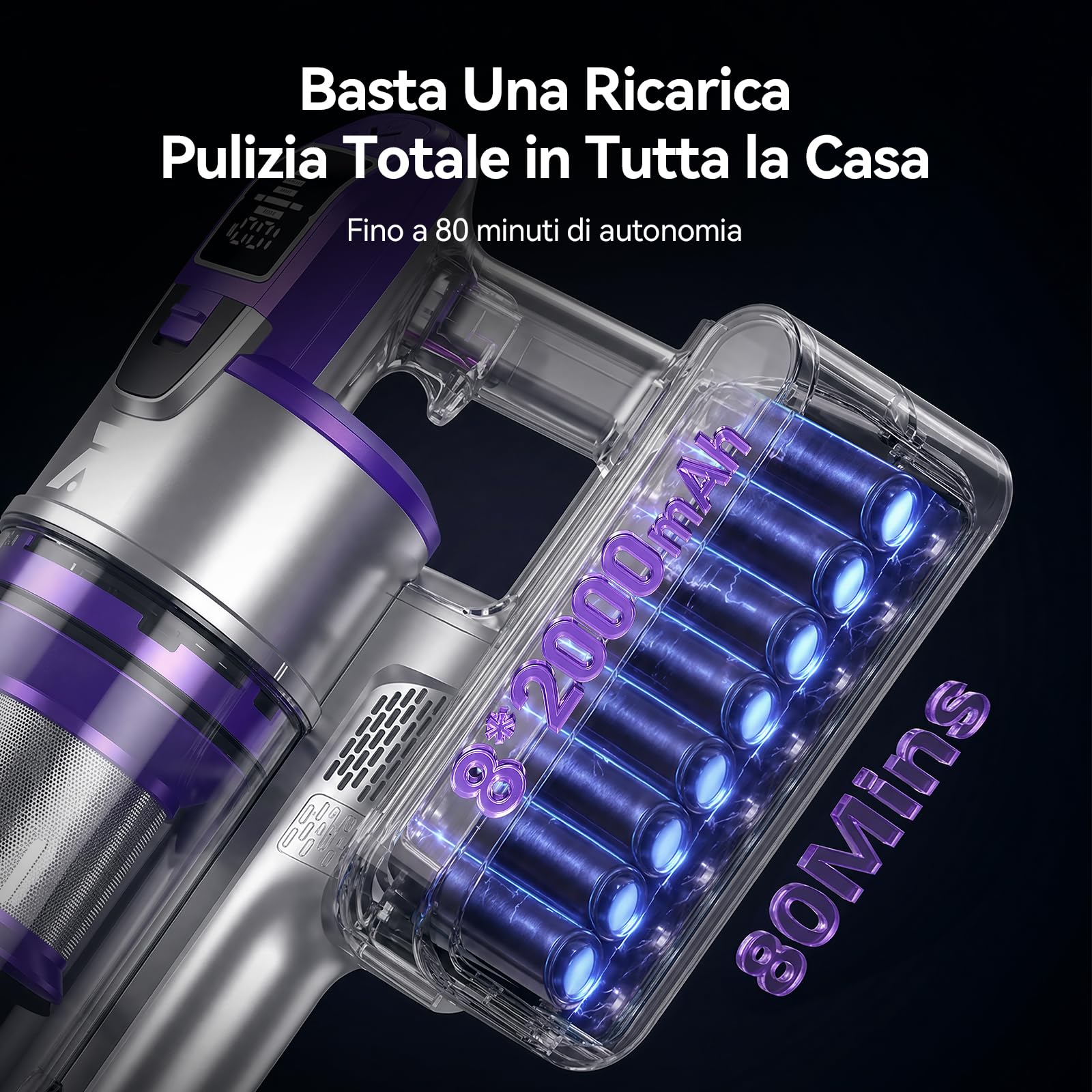 Redkey X18 Aspirapolvere Senza Fili 60Kpa/650W/80Min, 8-in-1 Scopa Eletrica Verticale Antiarovialio con Display LED, Automatica Intelligente Della Potenza di Aspirazione, per Animali/Pavimenti/Tappeti