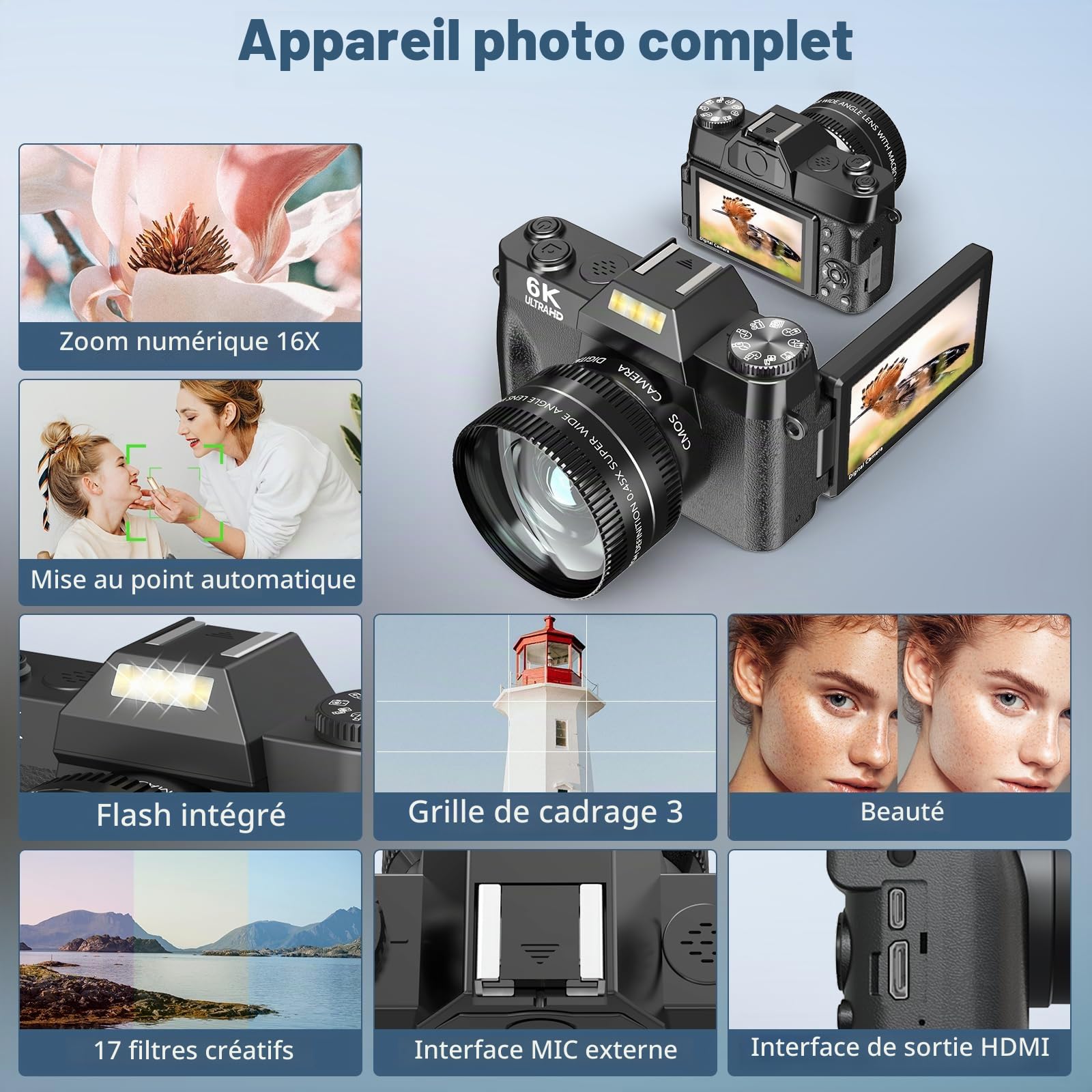 Appareil photo numérique 6K pour la photographie – Caméras de vlogging WiFi 64 MP pour YouTube avec écran rabattable de 3" à 180°, zoom numérique 16x, autofocus Vlog Travel Camara avec carte SD de 32