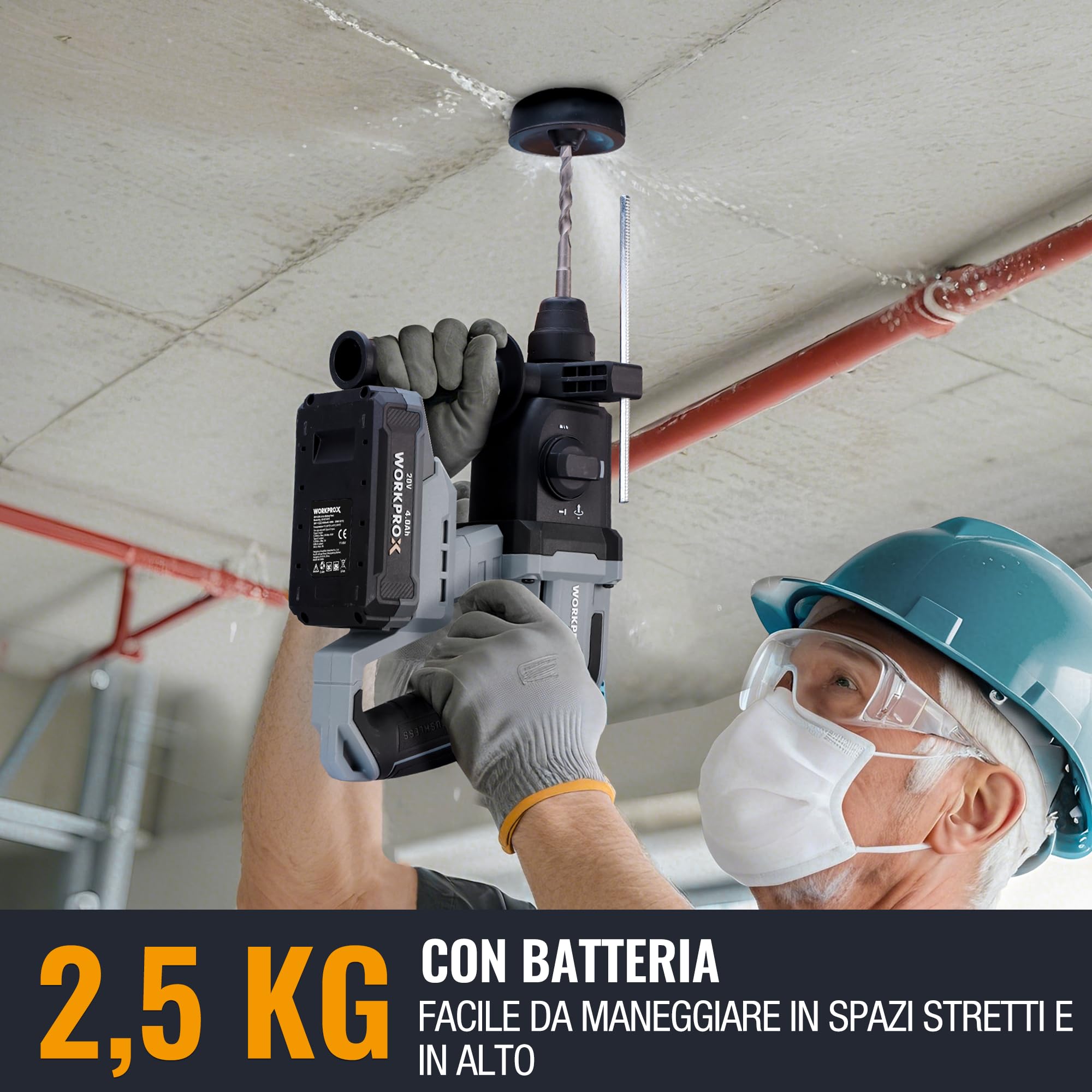 WORKPROX Martello perforatore a batteria 20V SDS-Plus, 2,0 J, Motore Brushless, 4 Funzioni, Batteria 4,0Ah, Ideale per Fai-da-te e Lavori Professionali