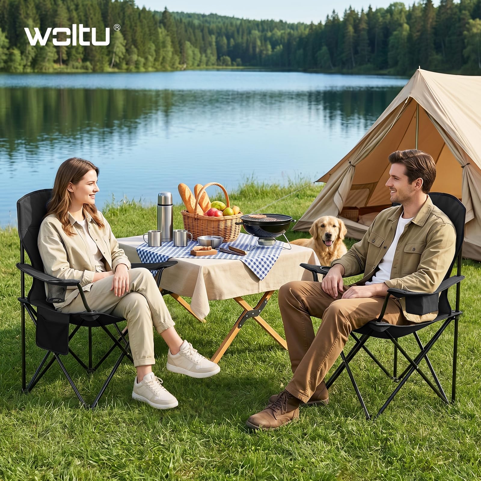 WOLTU Campingstuhl 2er Set Klappstuhl Faltbar bis 130 kg Belastbar mit Getränkehalter Seitentasche & Kühltasche, Outdoor Angelstuhl Camping Klappstuhl für Strand Angeln,Schwarz