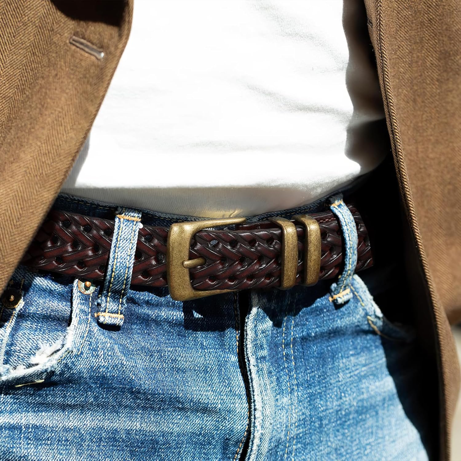 BELTROAD Braided Leather Belt for Men Casual Jeans Golf, Men's Leather Woven Alloy Buckle Hand Braided Belts Gift for Men