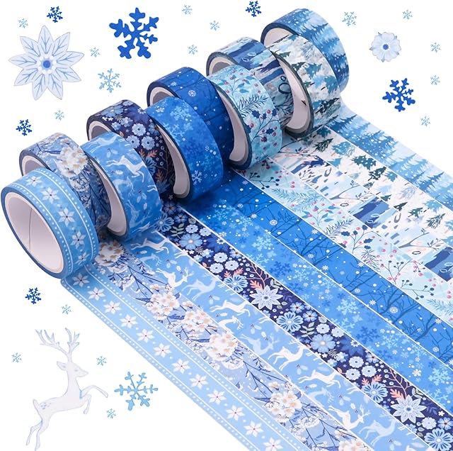 10 Rolls Christmas Washi Tape Set Masking Blue Multi-Pattern Decorative Washi Tape Japanese Self Adhesive Paper Sticker Holiday Xmas Sticky Tape for Scrapbook Arts Crafts Tape Festival Gift Wrapping