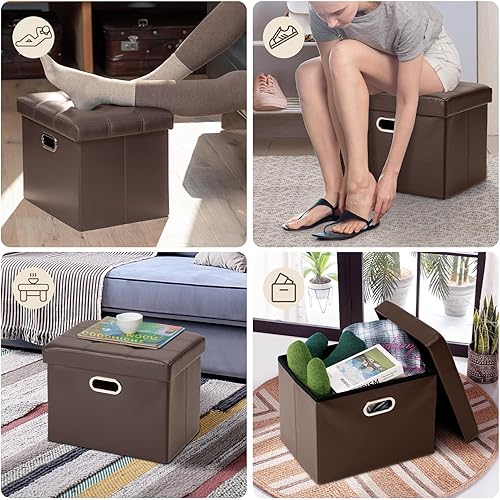 Miniatura 9 de COSYLAND - Reposapiés u otomano con almacenamiento plegable de piel, con agujero para agarrar, para habitación, tamaño pequeño, rectangular, 17 x 15