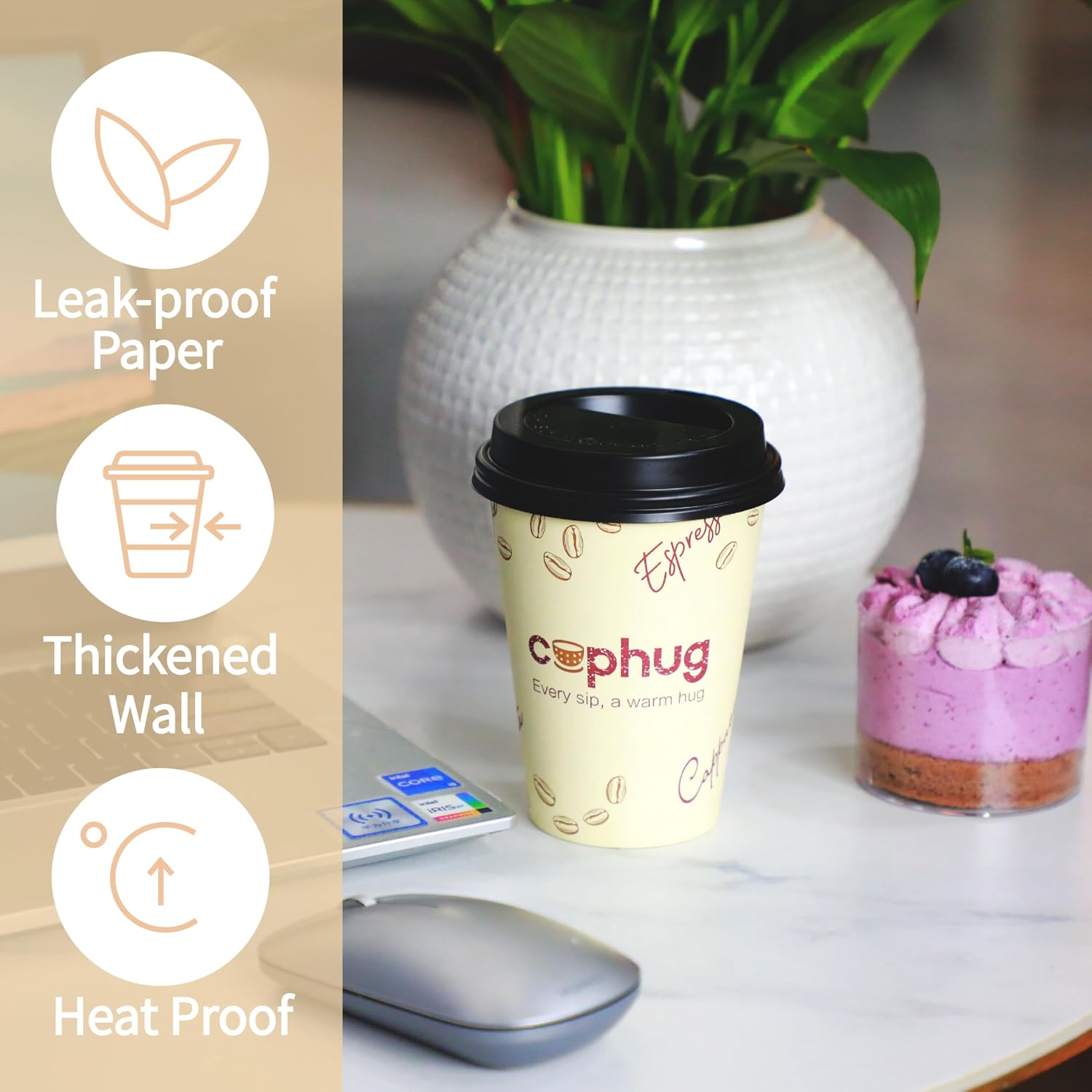 12oz Disposable Coffee Cups with Lids, Kraft Sleeves & Straws, 100 Pack Black Paper Hot Drink Cups image 3