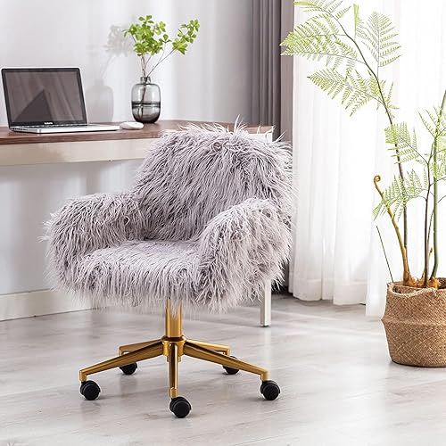 Miniatura 4 de Silla de escritorio de piel sintética, silla de escritorio gris ajustable en altura, silla de tocador para sala de maquillaje, silla giratoria de