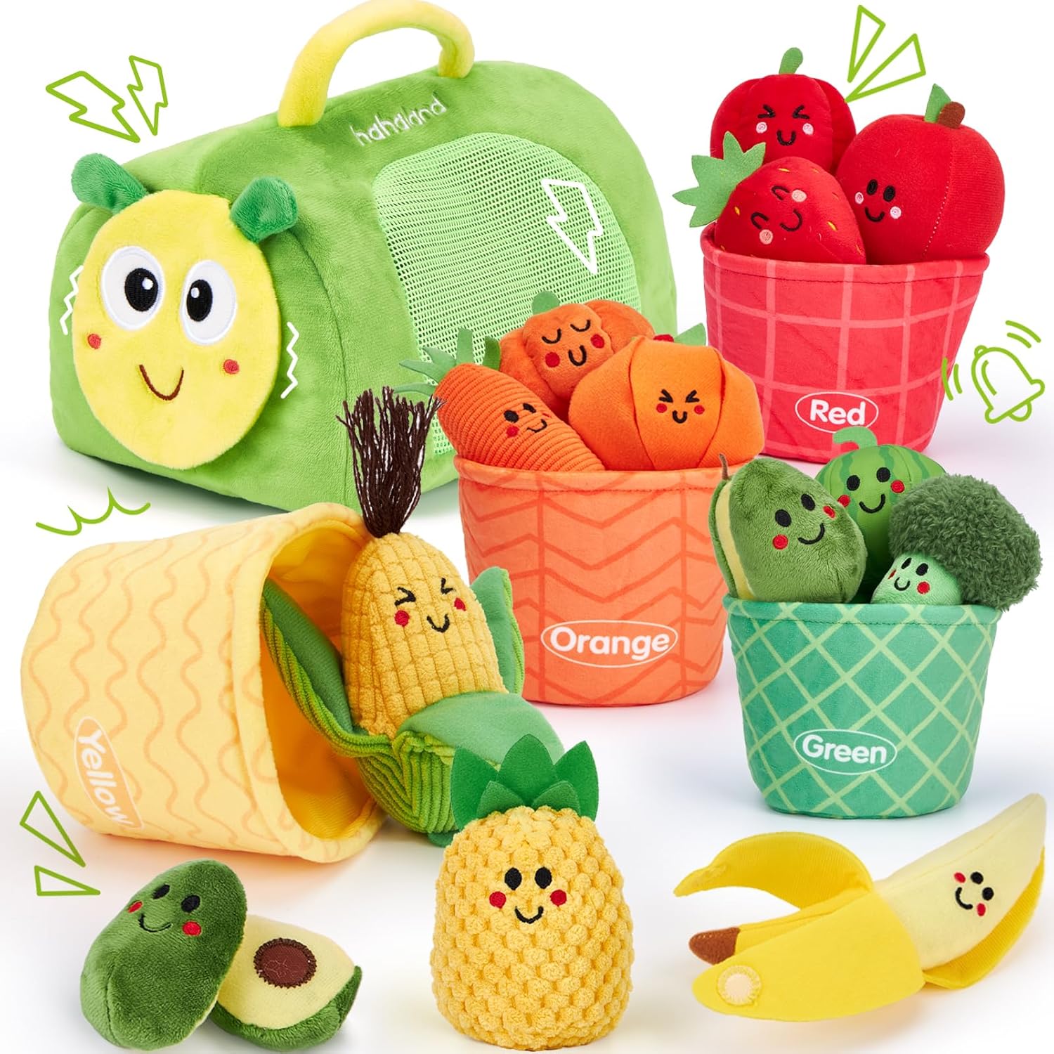 hahaland Montessori Toys for 1 Year Old – 17 PCS My First Fruit Vegetable Sensory Toys Color Sorting Plush Play Food with Caterpillar Storage Bag, 6 9 Month Old Baby Toys 6-12 Months One Year Old Gift