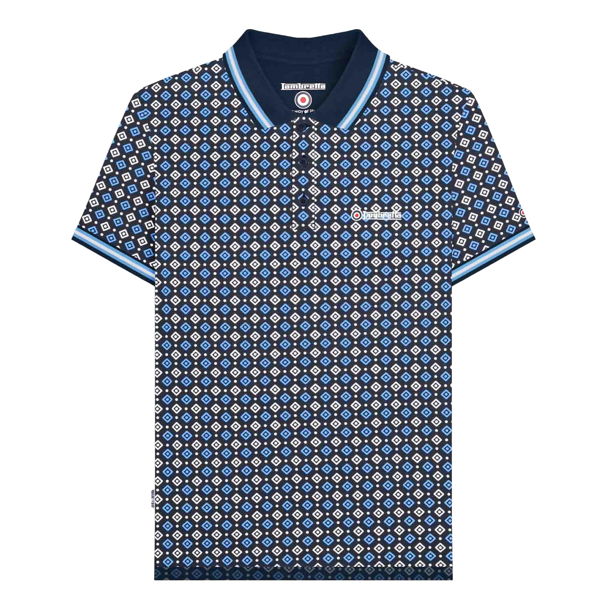 Lambretta Mens Geometric Print Short Sleeve Polo Shirt (UK, Alpha, 3XL, Regular, Regular, Navy)
