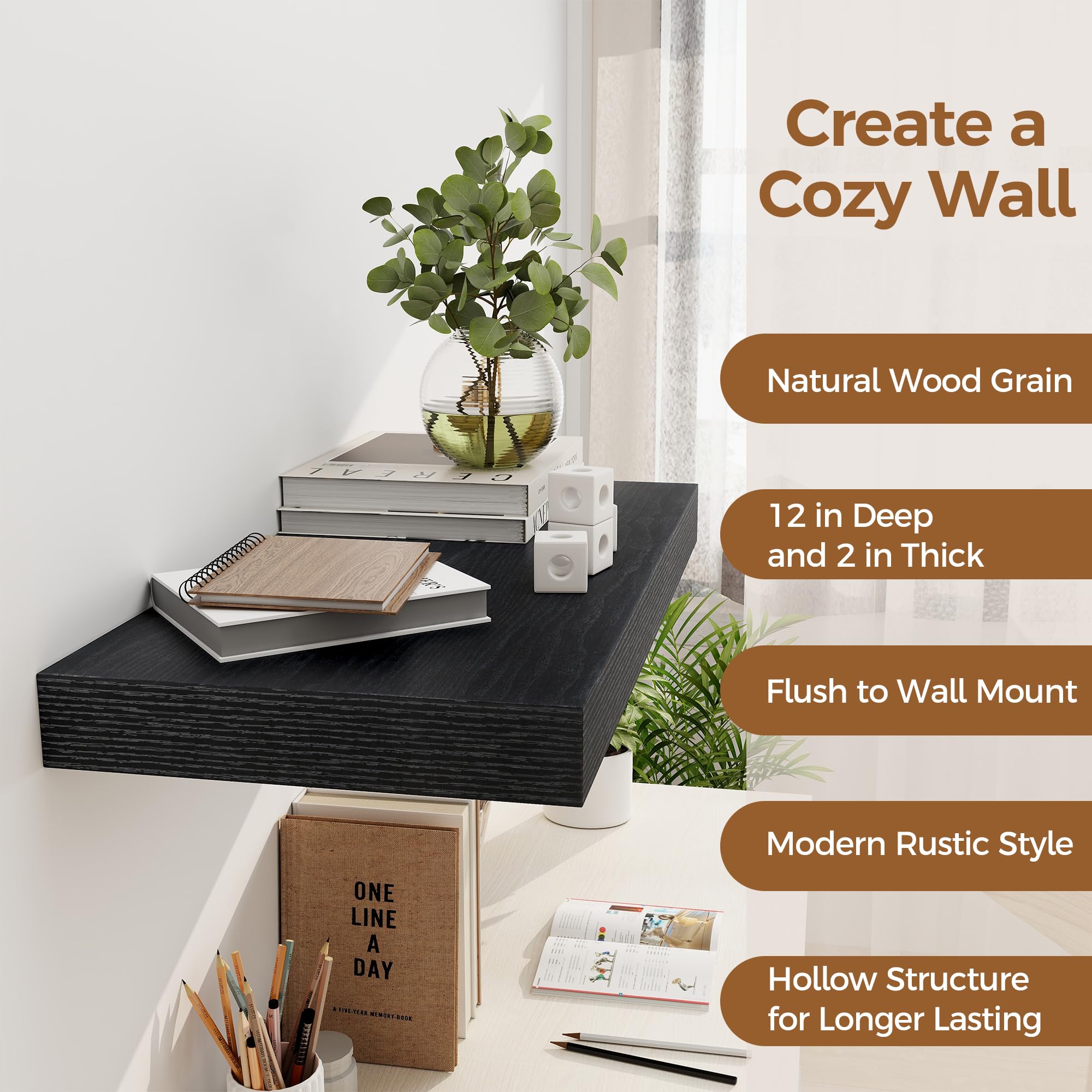 30,5 cm tiefes schwarzes Schweberegal, 61 x 30,5 cm, schwebendes Regal für Bücher, rustikales Holz, tiefe Wandregale für Zuhause, Aufbewahrung und Display, 5,1 cm dicke Regale für Küche, Wohnzimmer
