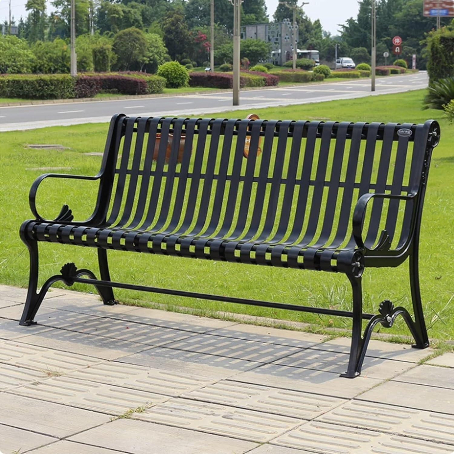 Outdoor Benches, Garden Bench, Metal Bench, Patio Outdoor Garden Bench, Steel Frame Bench with Backrest and Armrests, for Patio, Park, Porch, Yard, Lawn, Black(120cm/47.2in)