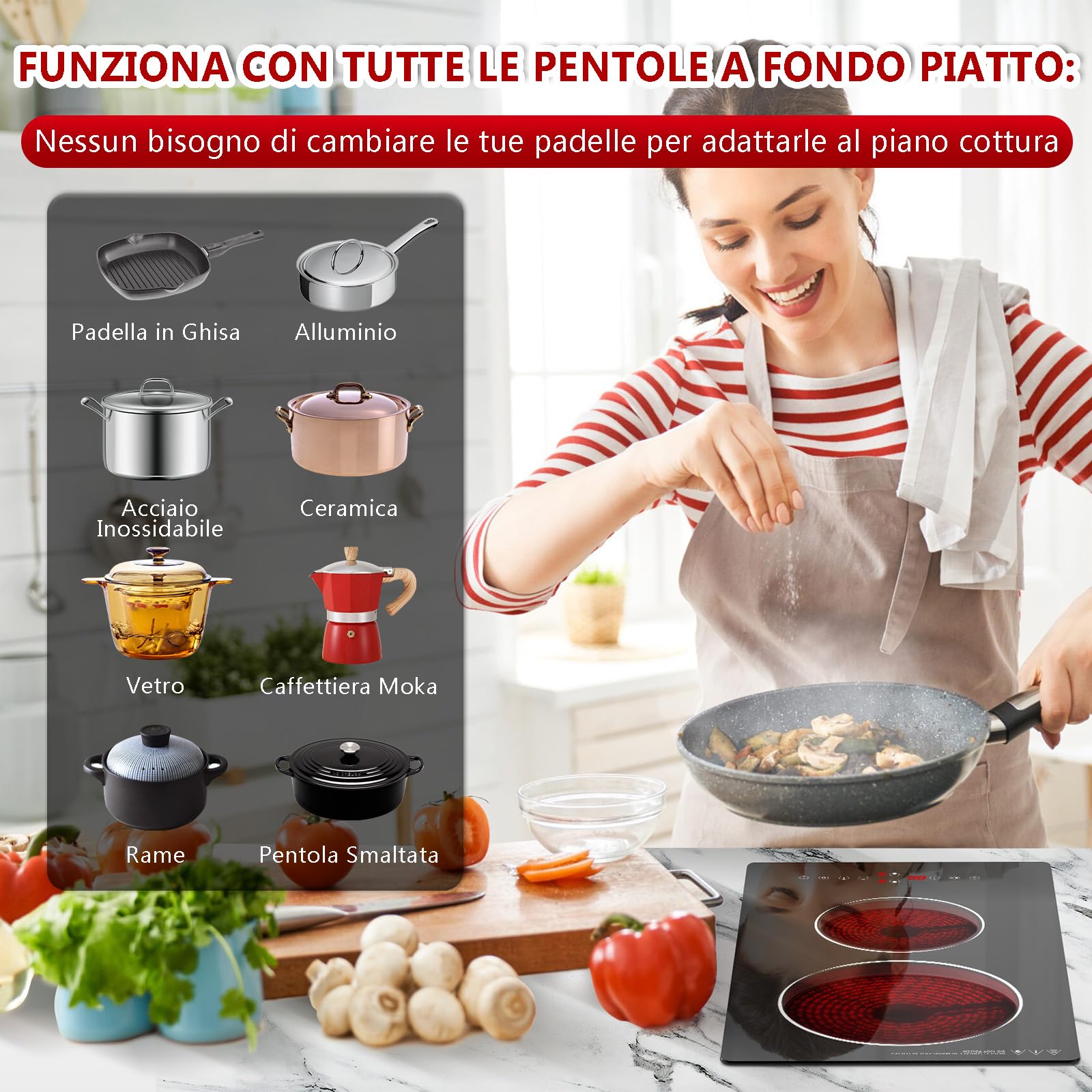 Nardea Piano Cottura 2 Fuochi Elettrico Vetroceramica, 30cm Vetroceramica Piano Cottura Elettrico a Incasso con Spina, Controllo a Sfioramento, 9 Livelli di Riscaldamento,Blocco di Sicurezza, 3000W