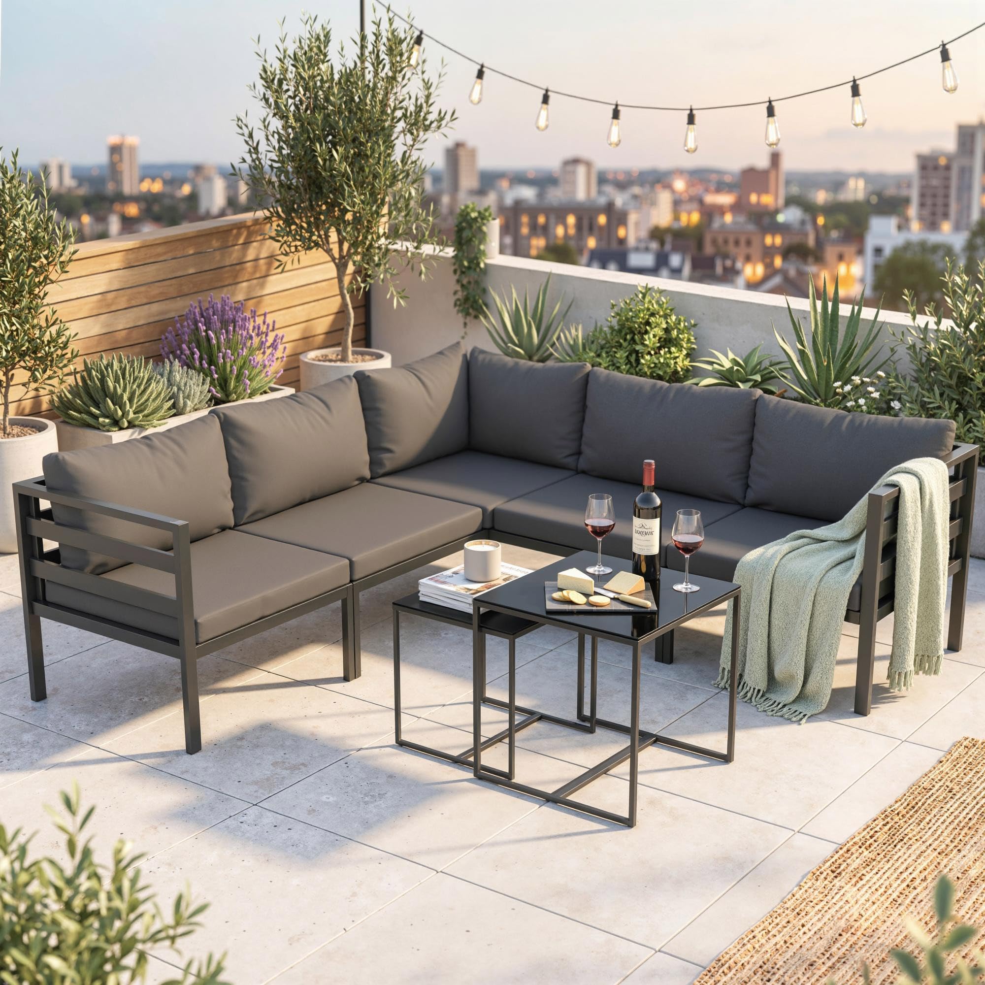 Outsunny Set Salotto da Giardino da 7 Pezzi 5 Poltrona da Esterno Grigio | 2 Tavolini da Caffè con Piano in Vetro, Cuscini, Set di Mobili in Acciaio e Poliestere