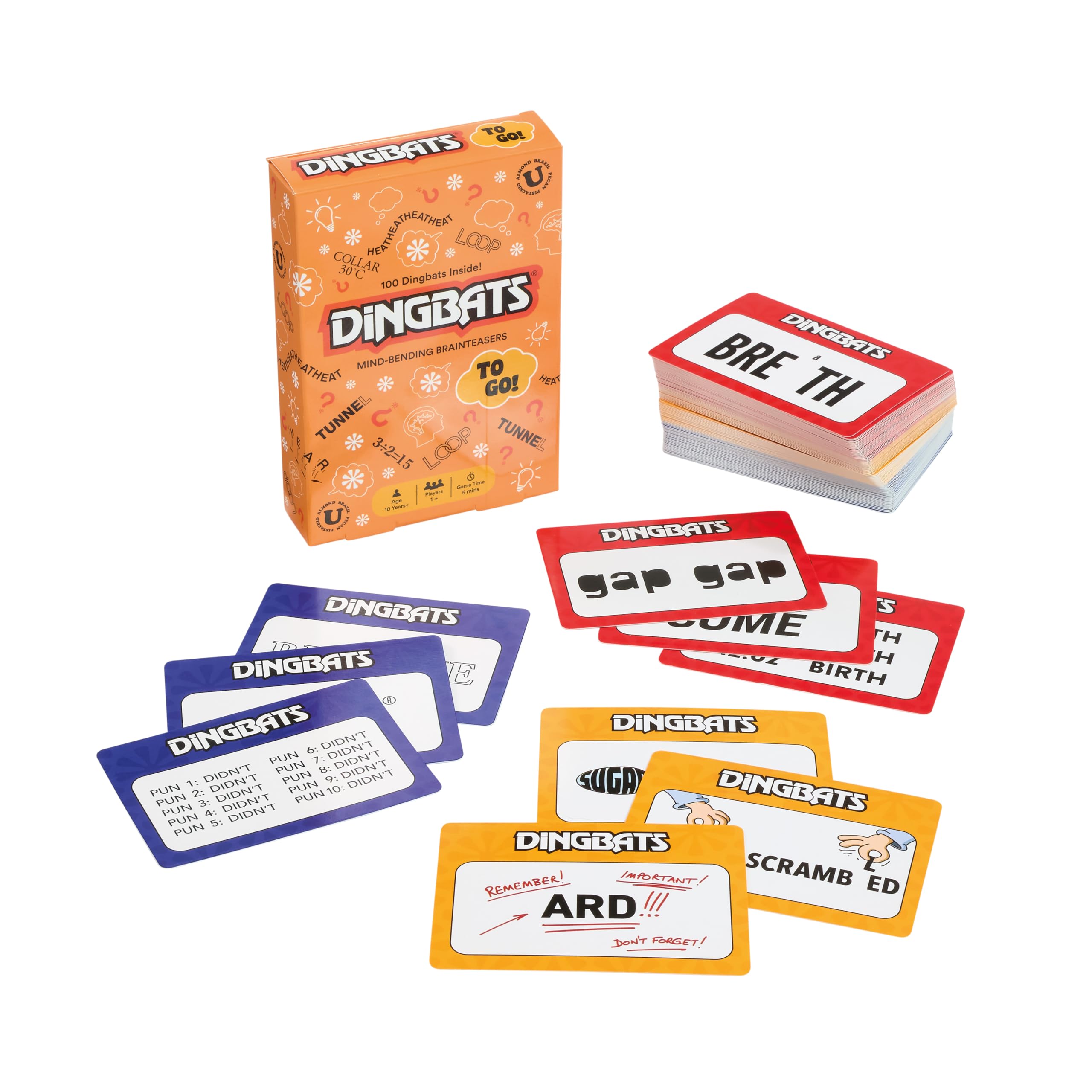 Gibsons Dingbats To Go Mind-Bending Brain Teasers Word Game – Orange Box with 100 Puzzle Cards, Fun Family Travel Game for Kids & Children Ages 10+, 13 x 9 x 2.5 cm, 1+ Players