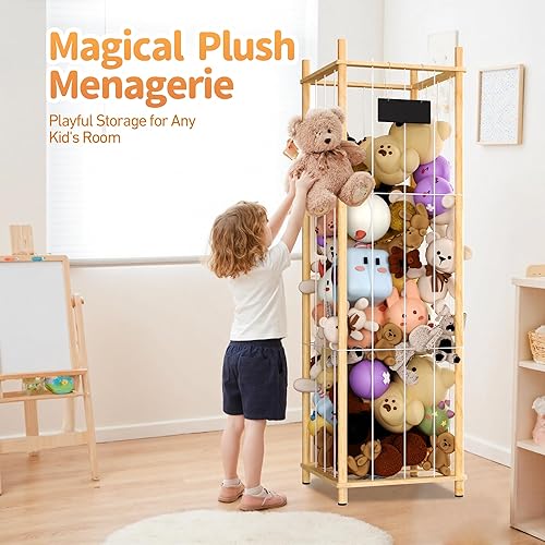 Miniatura 8 de Almacenamiento y organizador de animales de peluche, soporte de zoológico de madera gruesa, jaula de juguetes de felpa de capacidad extra grande