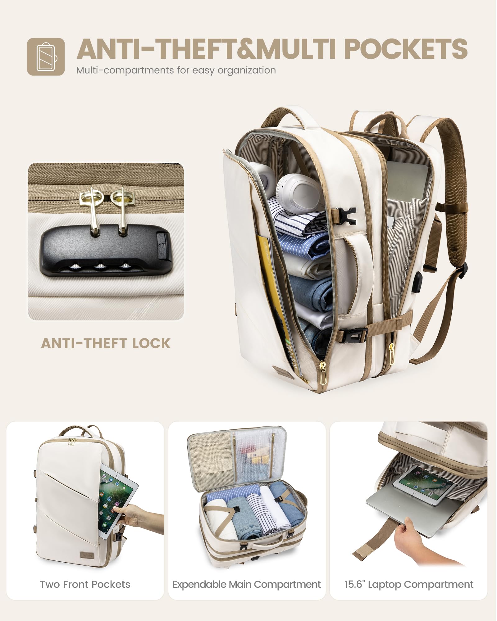 LOVEVOOK Zaino Da Viaggio Borse Da Cabina Zaino Aereo Bagaglio A Mano Uomo Donna Zaino Porta PC 18 Pollici Zaino 50 Litri Grande Trekking Travel Bag Zaino Beige Cachi