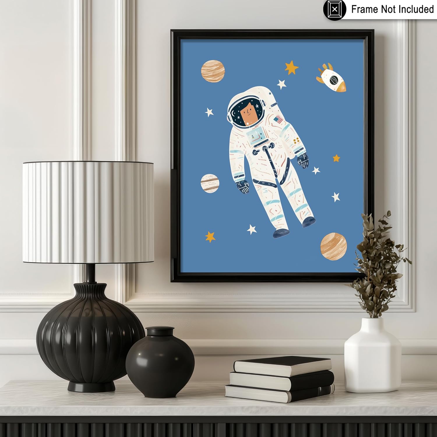 Poster Master Nursery Poster - Space Astronaut Print - Whimsical Space Art - Fun Playroom Art - Cute Nursery Wall Art - Boho Kid's Room Decor - 8x10 UNFRAMED Wall Art