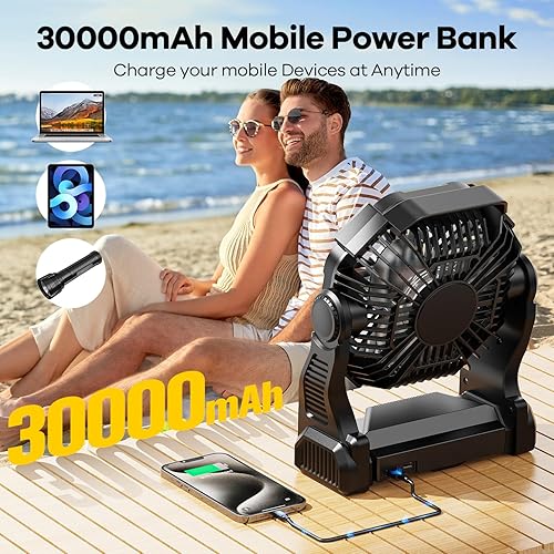 Miniatura 6 de Ventilador solar de 30000 mAh con linterna LED, panel solar de 10 W, ventilador de campamento con batería recargable para exteriores, suministros de