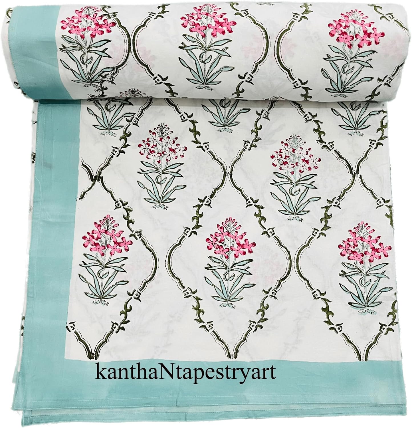 Generic kanthaNtapestryart Traditional Indian Sheet with 2 Pillow Cover | Hand Block Printed | Jaipuri Print Hand Block Print Bedsheet (King/Queen Size 90x108 Inch), Blue