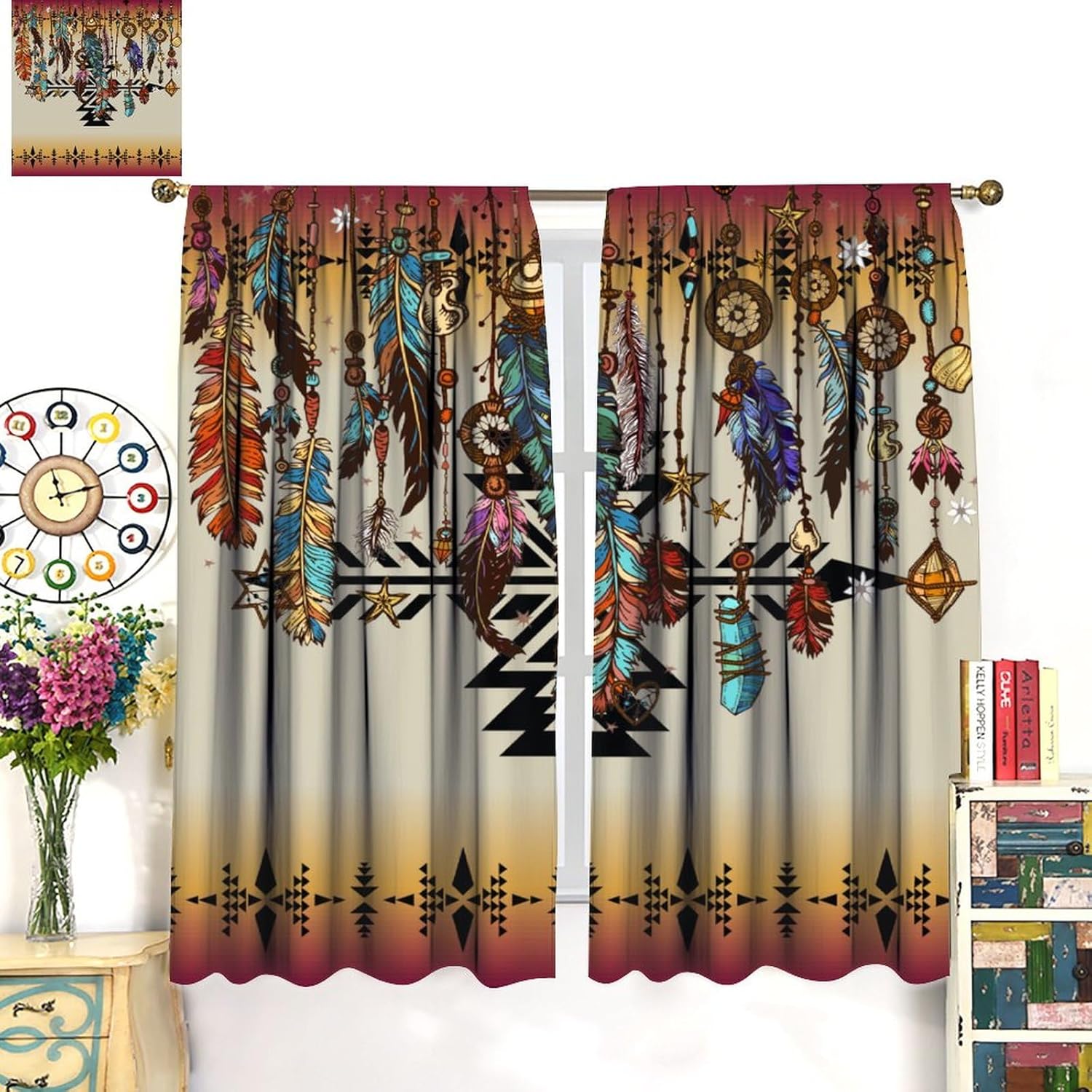 Aztec Curtains Southwestern Indigenous Tribes American Ethnic Patterns Western Boho Geometric Feather Patterns Printed Curtains Bedroom Living Room Decoration Blackout Curtains W42 * L45 Inches