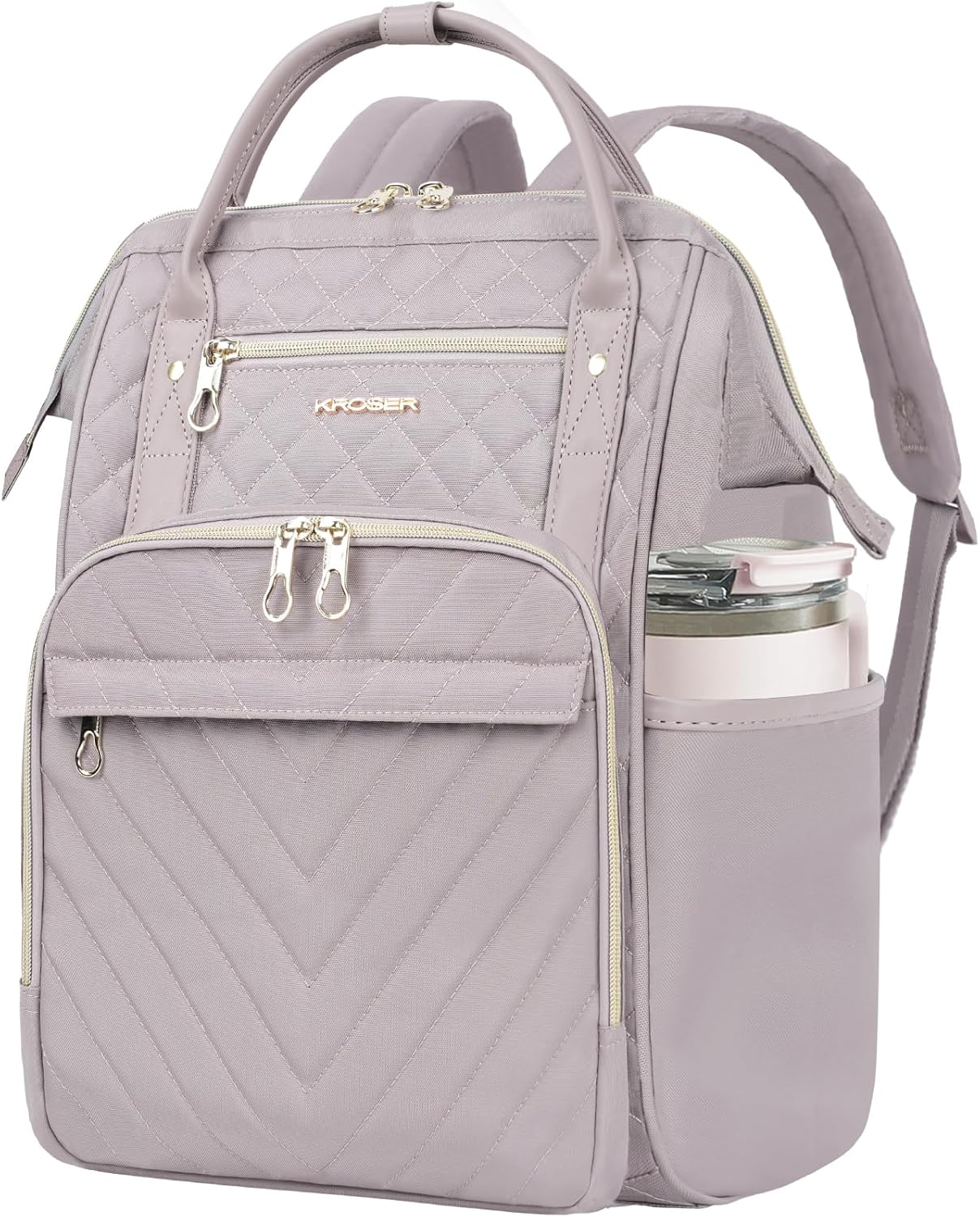KROSER Laptop Backpack 17" Stylish Backpack Water Repellent College Casual Daypack with USB Port Travel Business Work Bag for Men/Women-Quilted Dusty Pink