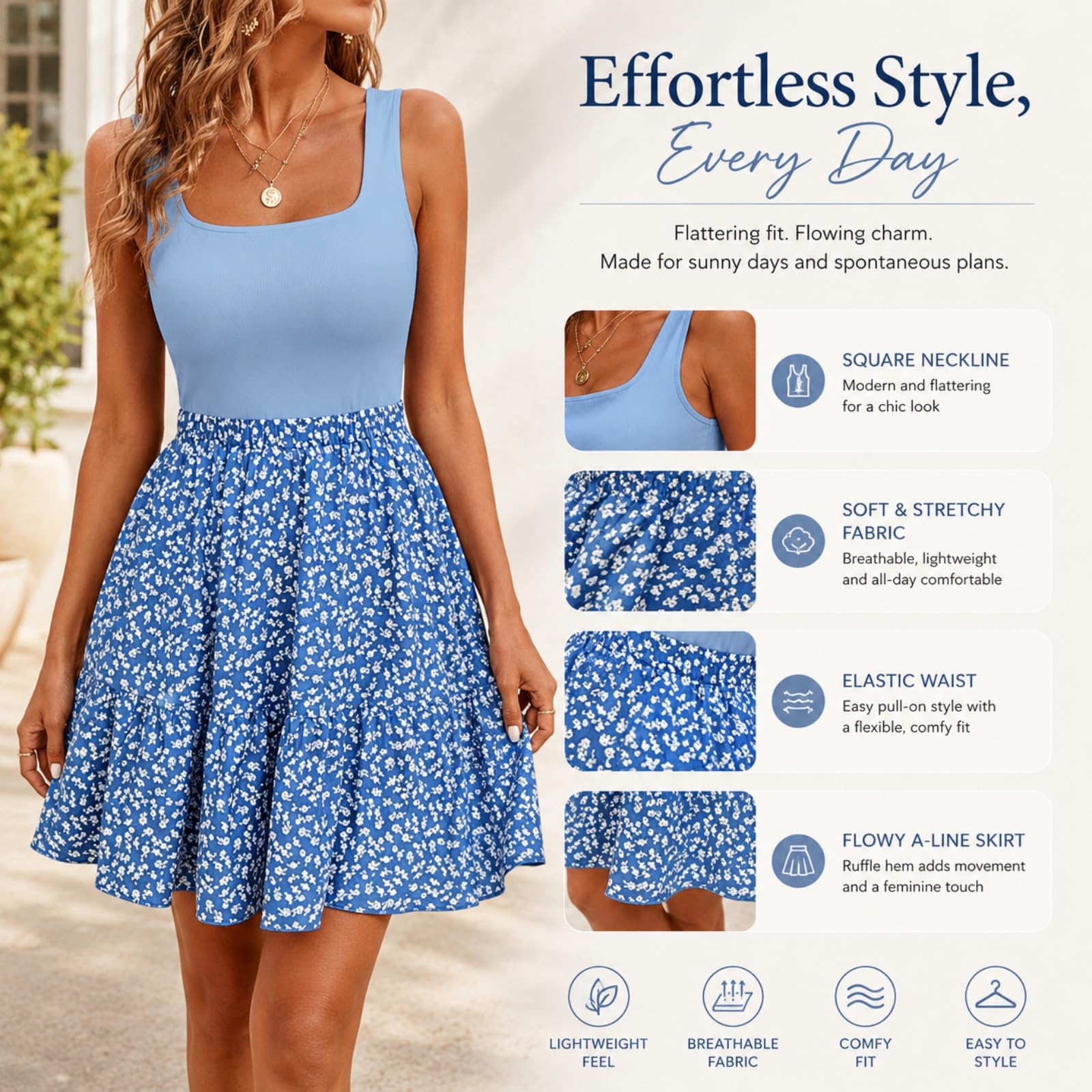Abito Estivo Floreale Senza Maniche Scollo Quadrato | Abito a sottoveste floreale in stile casual-chic, con corpetto a pannelli e gonna svasata.