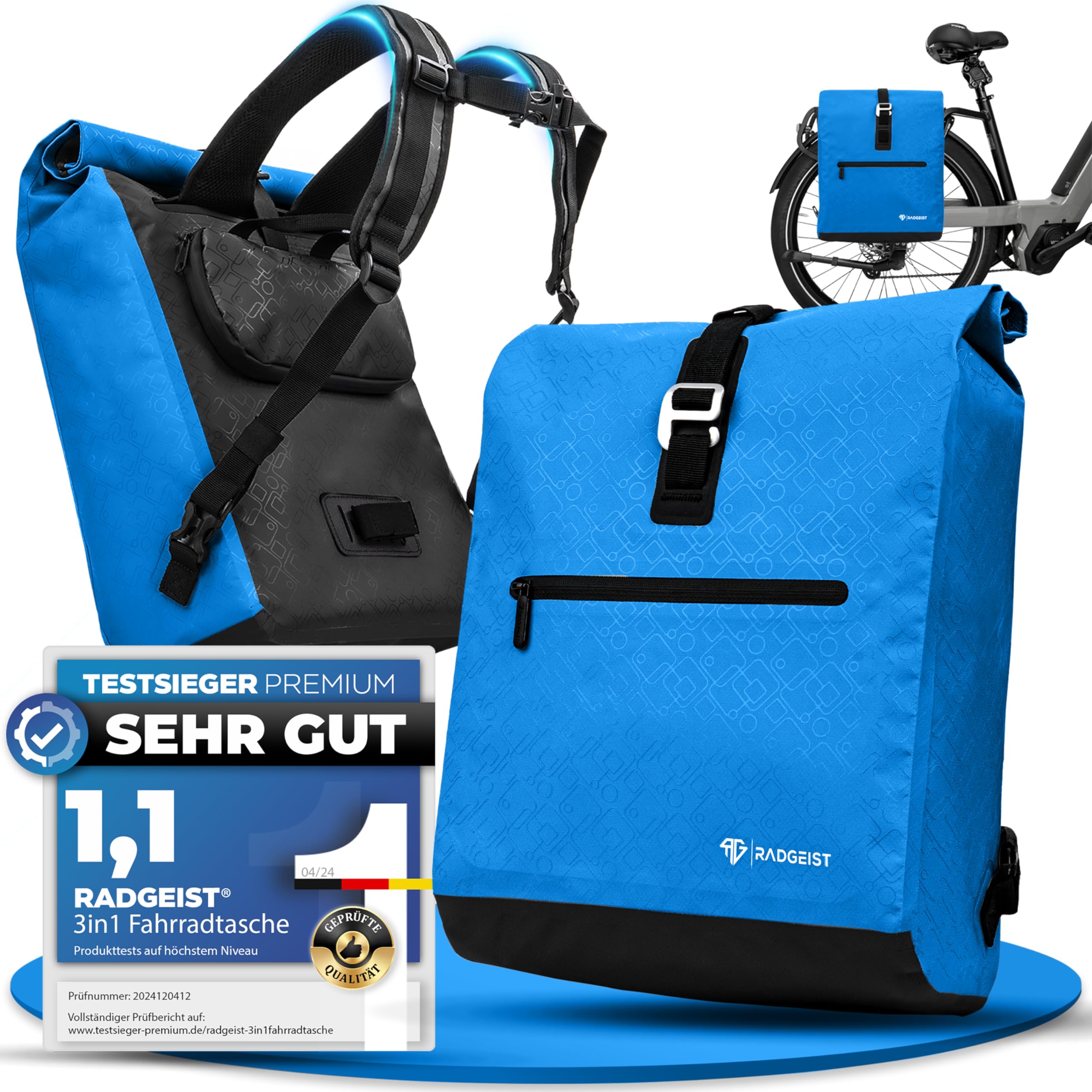 Sacoche De Vélo RADGEIST Pour Porte-bagages – 17-20 L, étanche PVC, Fixation Sans Outils, Bandoulière, Réflecteurs