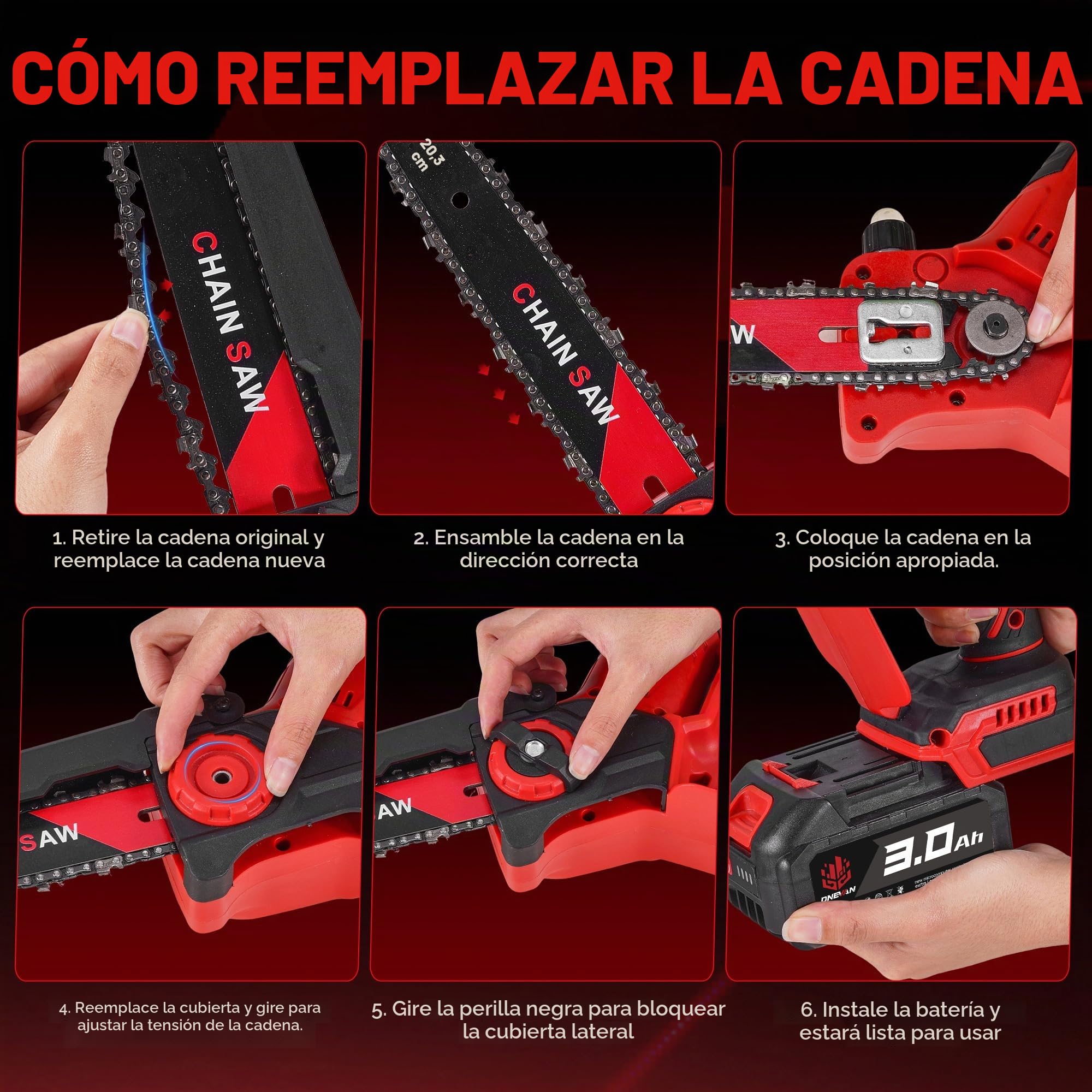 ONEVAN Motosierra Telescópica a Batería 4 en 1, Motor Brushless 700W, Podadora de Altura con Espada de 8" y 6", Pértiga Extensible 2,5m, Cabezal Giratorio 180°, 2 Baterías 3,0Ah, para Jardín y Poda