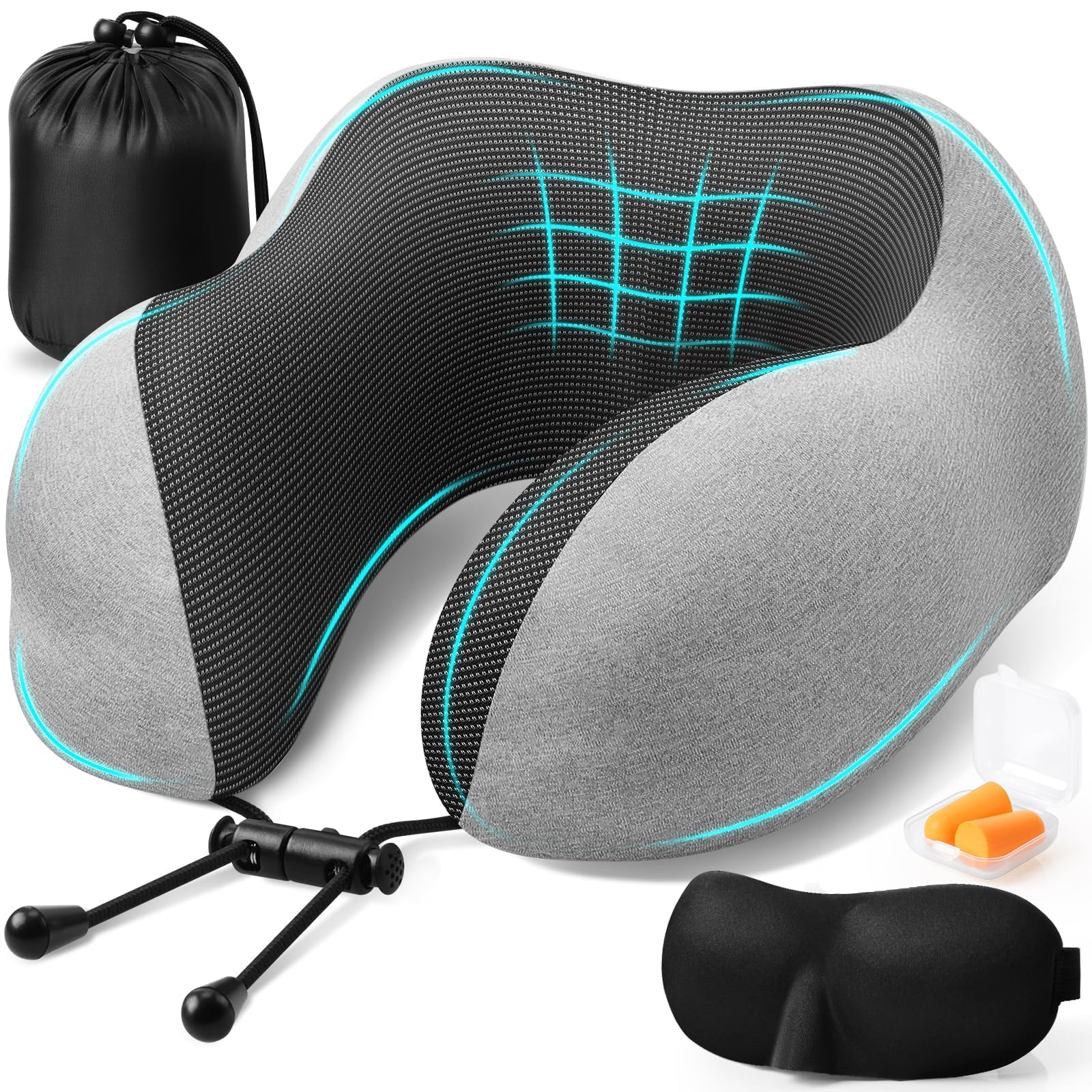 ExploreBliss Almohada de viaje, almohadas de viaje para dormir en avión, almohada de cuello extraíble con cierre ajustable, juego de almohadas de espuma viscoelástica con máscara de ojos, tapones para