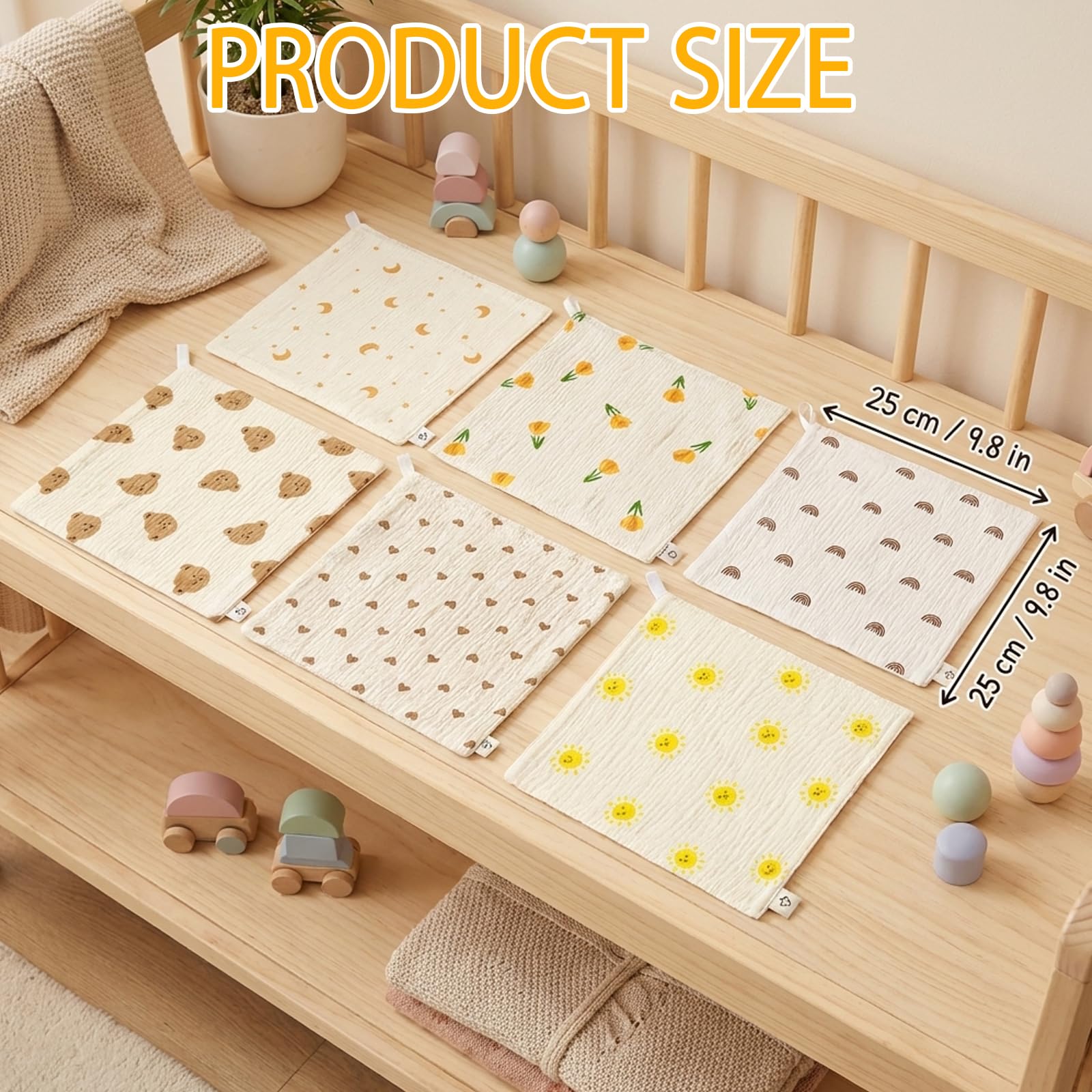 Burp Cloths for Newborn, 6-Pack Muslin Cloths for Baby, Soft Baby Muslins with Rainbow, Tulip, Star and Moon Designs, Ideal for Burping and Bathing, 25 x 25 cm — view 2