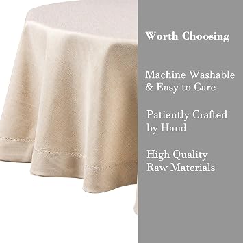Linen Tablecloth Beige 61 x 102 Inch(155 x 260cm) Oval Handmade Beige Table Cover Natural Environmentally Friendly Material Solid Color Table Cloth Hollow Classic Design