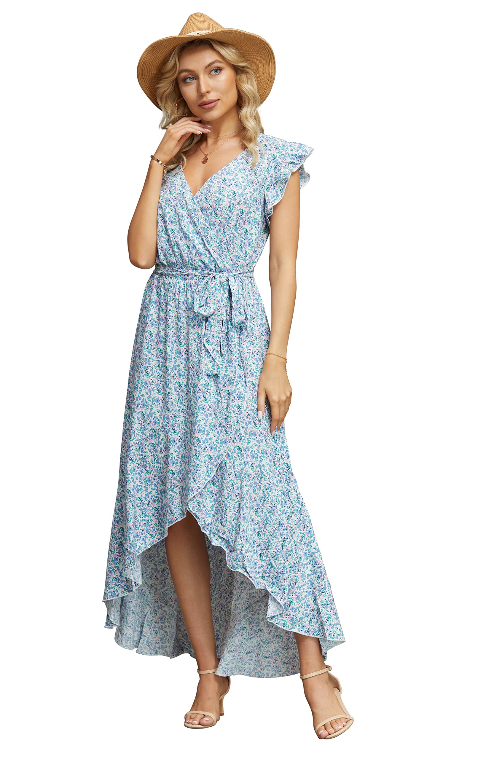 GRECERELLE 2026 Women's Spring Summer Boho Floral Print V-Neck Faux Wrap Maxi Dress for Wedding Guest, Graduation, Party