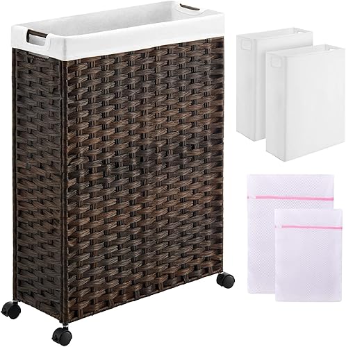 Greenstell Cesta de lavandería con ruedas, cesta de lavandería delgada de 50 litros con 2 bolsas extraíbles y 2 bolsas de malla, cesta de ropa sucia