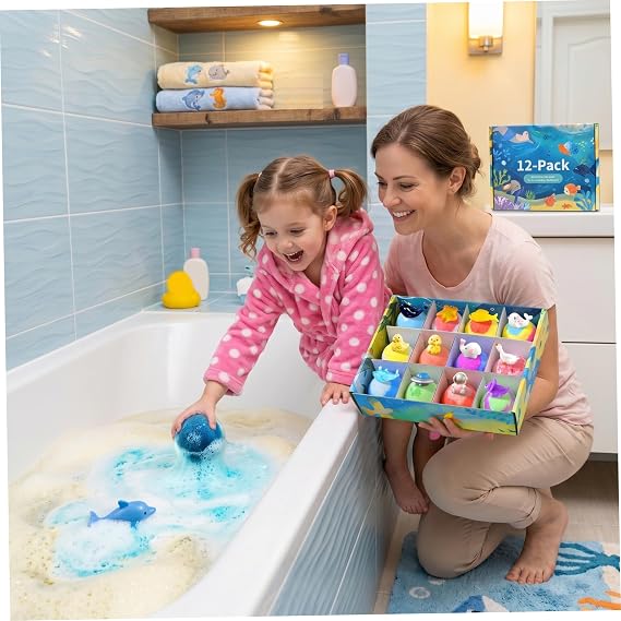 Bath Bombs for Kids with Toys Inside, 12-pack Kids Bath Bombs with Splashy Surprises, Ocean-themed Surprise Fizzies, 60g Each