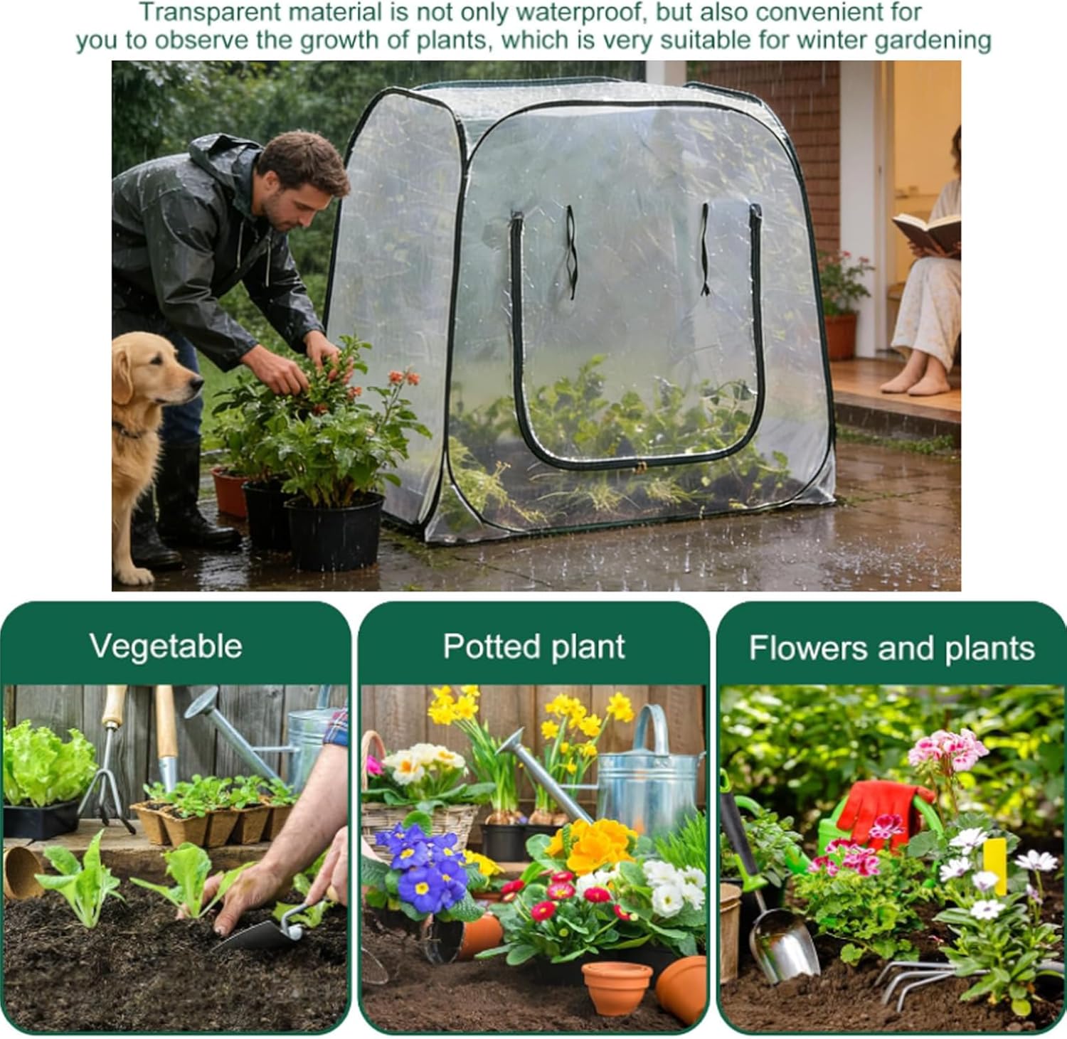 Pop-Up Small Greenhouse for Outdoor Indoor Plant Portable Mini Tent Cover Transparent PVC with Roll-Up Zipper Entry Doors for Gardens Protecting Plant from Cold Frost, 98x98x98cm
