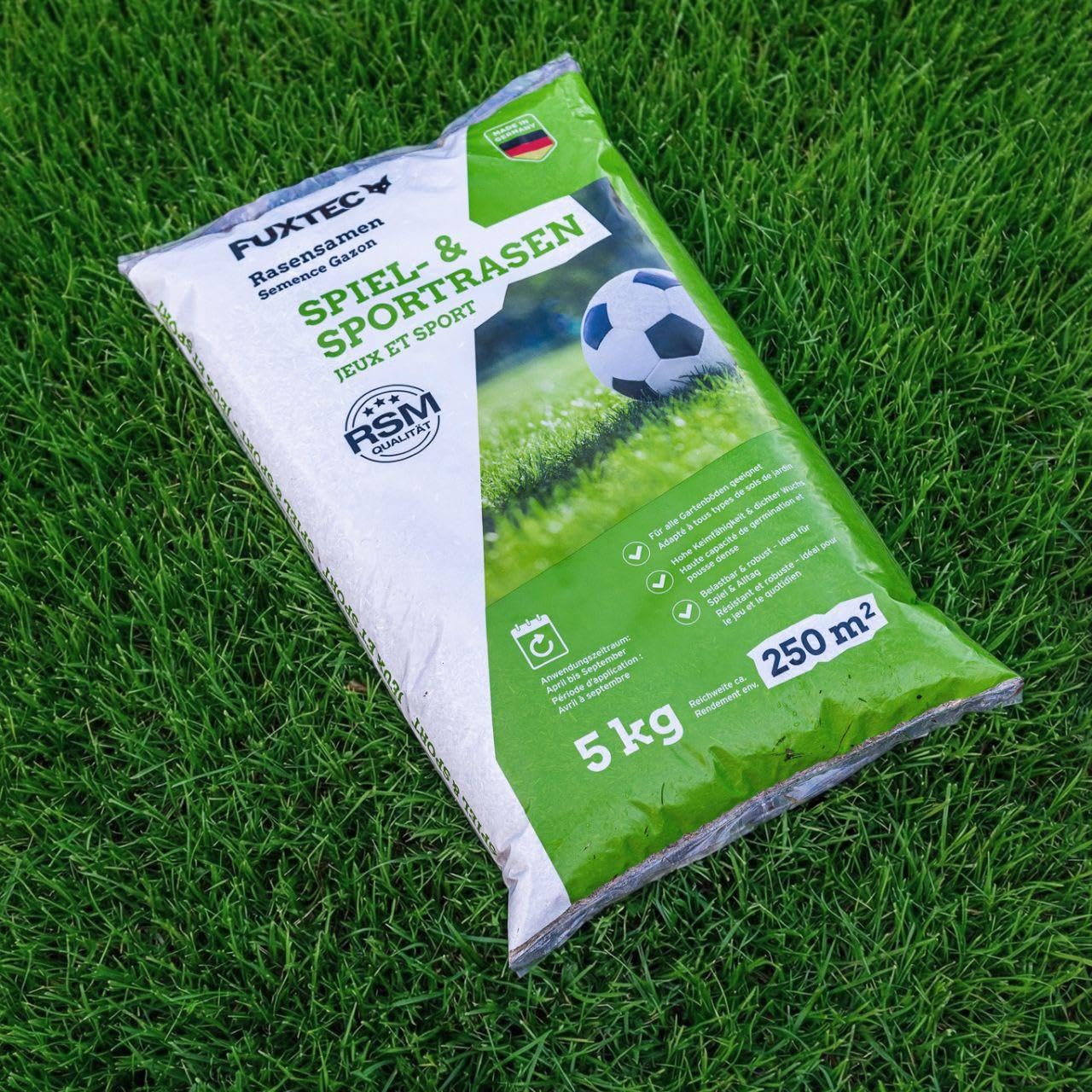 FUXTEC FX-RSSP5 Graines de pelouse, gazon de jardin robuste pour semis neuf et ultérieur, grande capacité de germination, croissance dense, résistante et résistante à l'écrasement, 5 kg pour env. 250