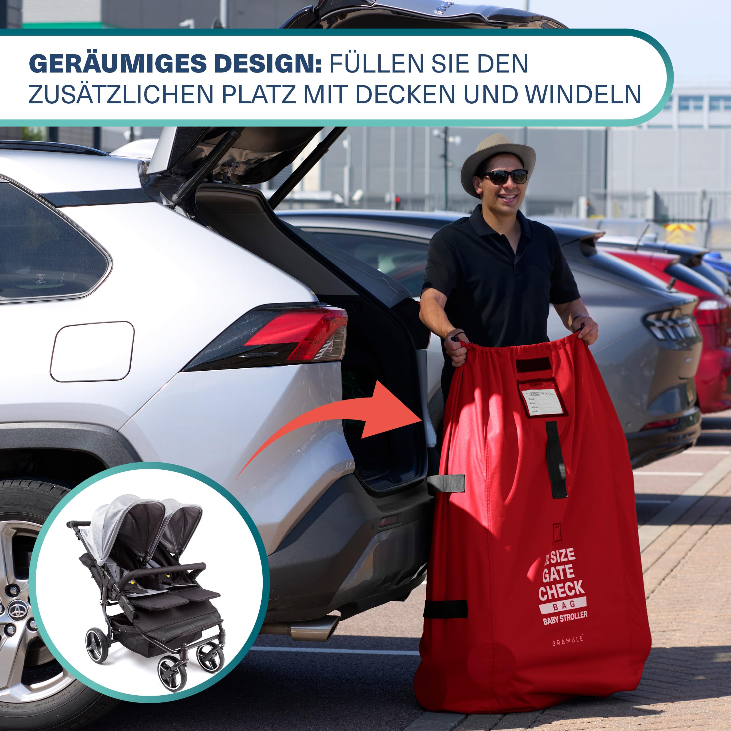 Bramble – XL-Kinderwagentasche fürs Flugzeug – Extra große Kinderwagentasche für Flugreisen – Wasserabweisende Doppel-Kinderwagen-Abdeckung für die Gate-Kontrolle (Rot)