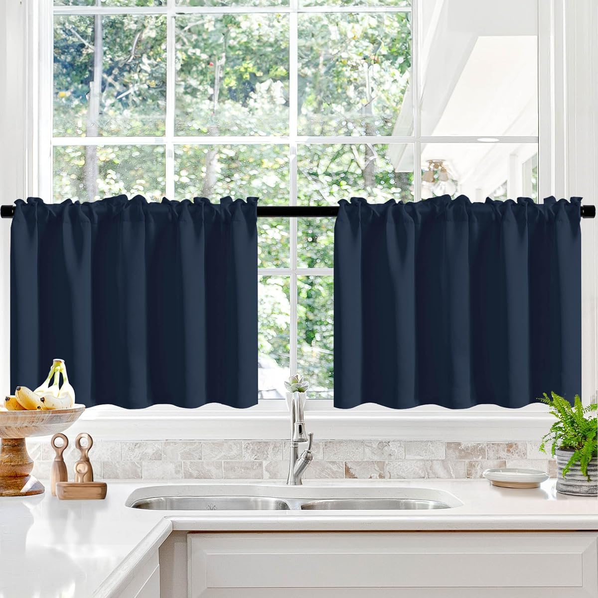 Deconovo Blackout Cafe Curtains 24 Inch Length for Kitchen Living Room | Cafe Curtains for Kitchen Windows, Blackout Short Curtain, Room Darkening, Rod Pocket, Navy Blue, 52W x 24L Inch, Pack of 2