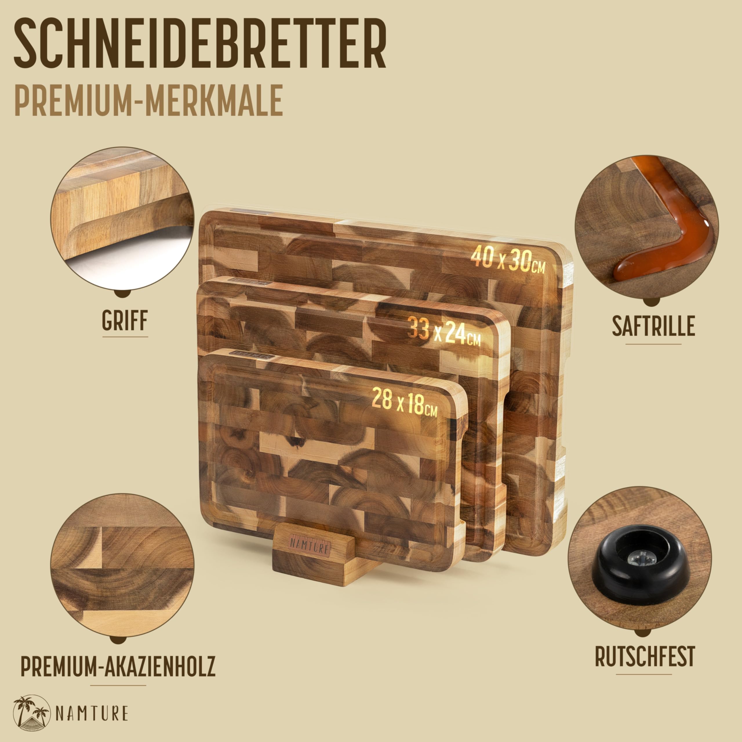 Schneidebrett Holz Set – 2,5 cm stark, mit hochwertiger Öl-Oberfläche, Saftrille, Anti-Rutsch-Füßen & Brettständer – Akazienholz Schneidebretter in luxuriöser Geschenkbox