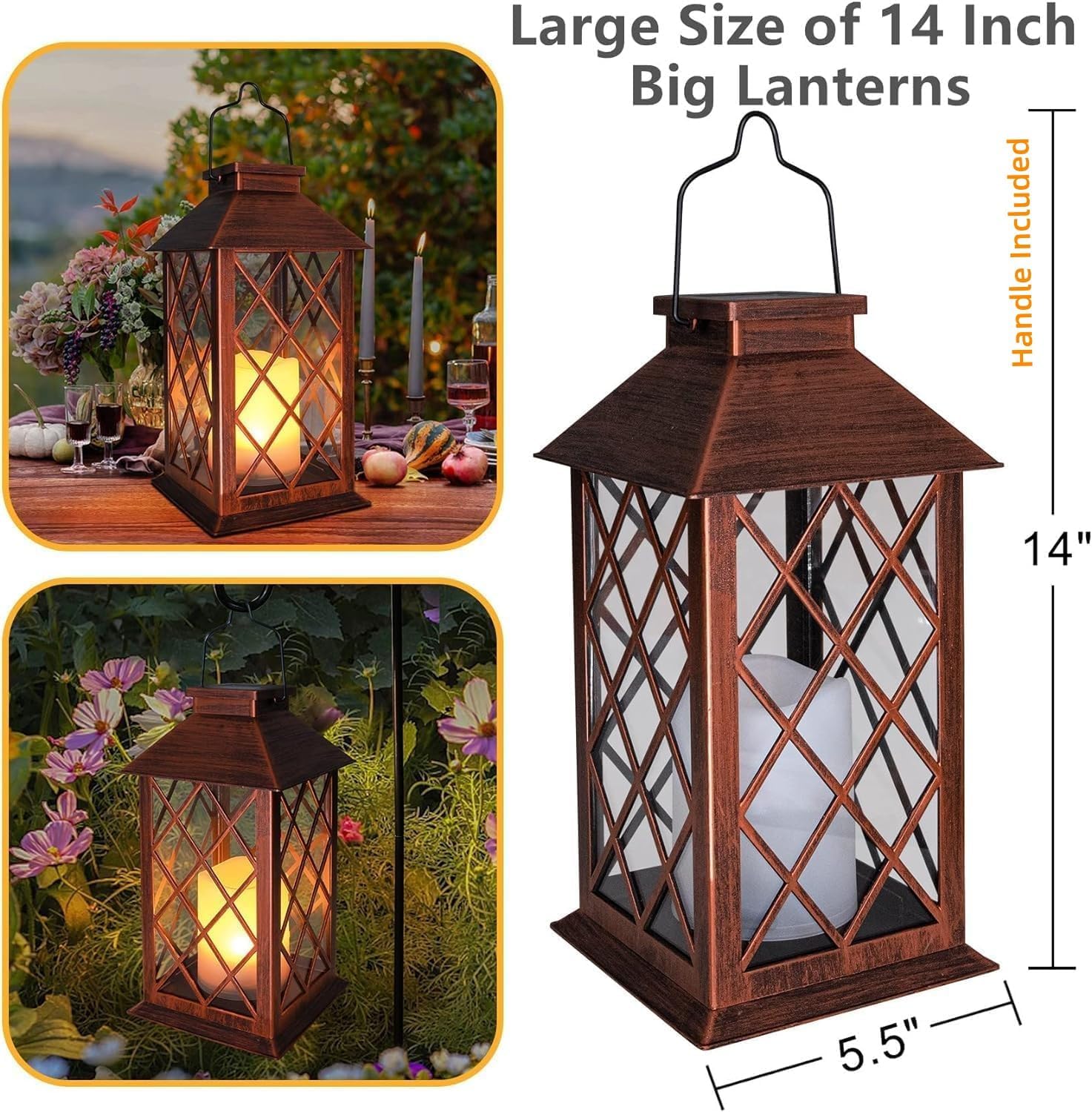 TAKE ME Size  14 Solar Lantern Outdoor Garden Hanging Lantern Waterproof LED Flickering Flameless Candle Mission Lights for Table,Outdoor,Mothers Day Gifts Mom Wife