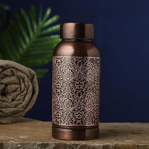 Miniatura 6 de Botella de agua de cobre puro hermoso patrón floral para beneficios de salud ayurveda - 20.3 fl oz (20.28 onzas líquidas de EE.UU.)