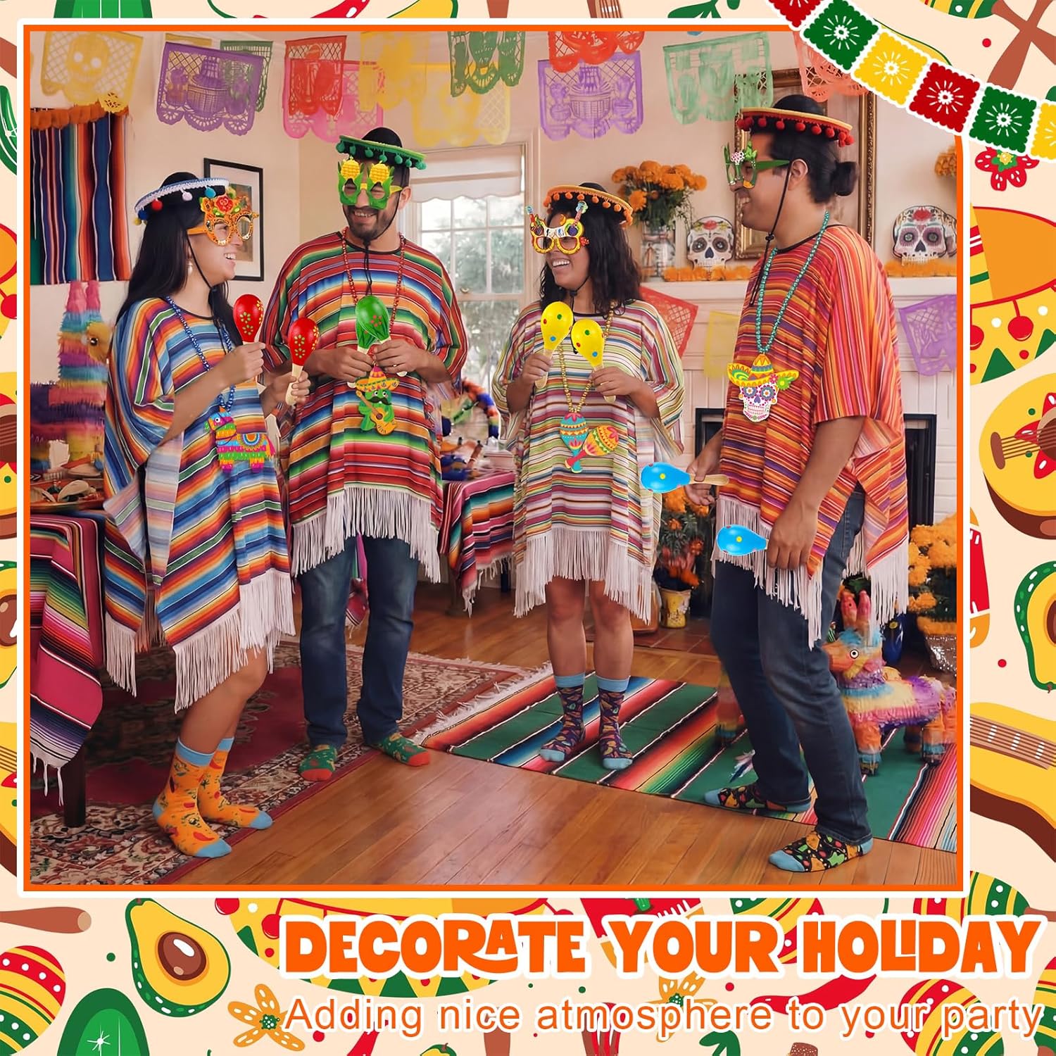 Eurzom Mexican Costume Sombrero Set Necklaces Hat Eyeglasses Sock Poncho Maraca for Fiesta Cinco De Mayo Party