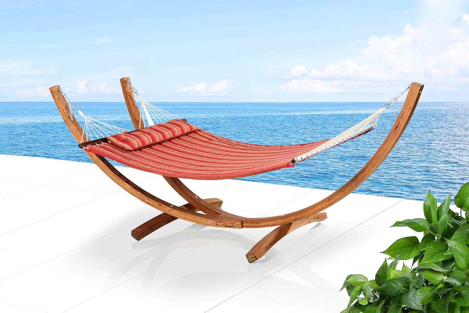 Wooden Hammock Stand with Striped Hammock, 126x47x51 inches, Larch Wood Frame