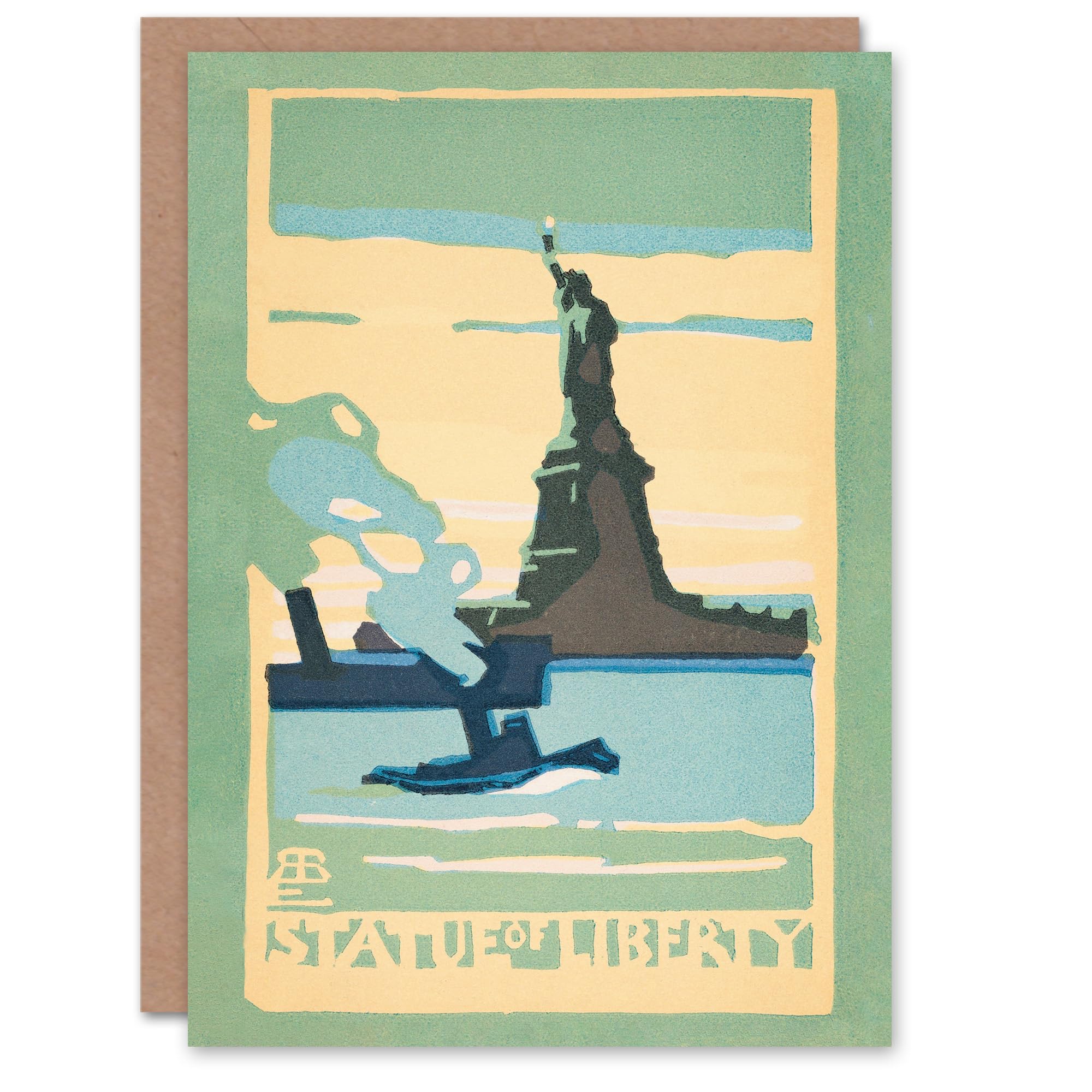 Artery8 Greeting Card - Statue of Liberty Vintage Postcard - Green