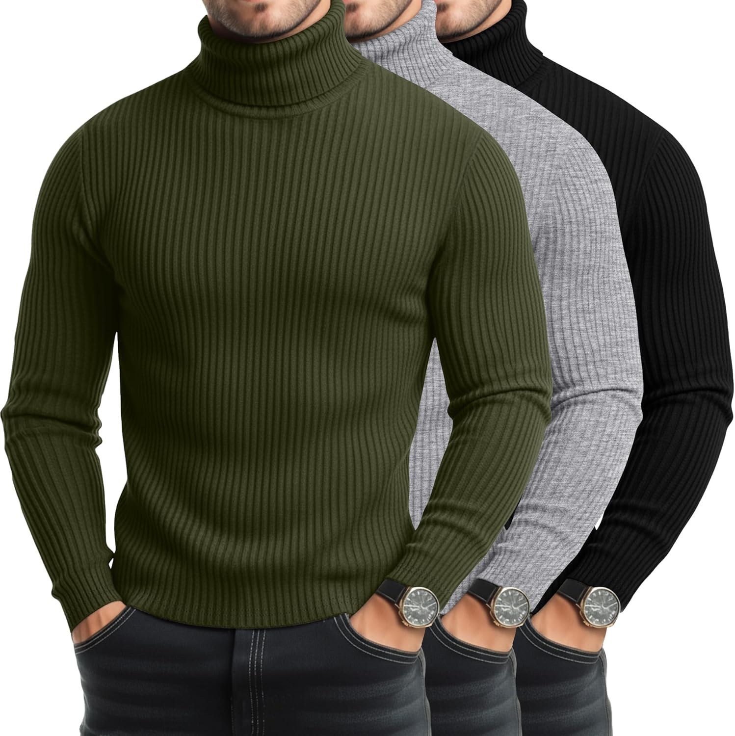 3 Pack Men's Big and Tall Ribbed Turtleneck Shirts, Long Sleeve Cotton Pullover Sweaters Mock Neck Slim Fit Tee Tops