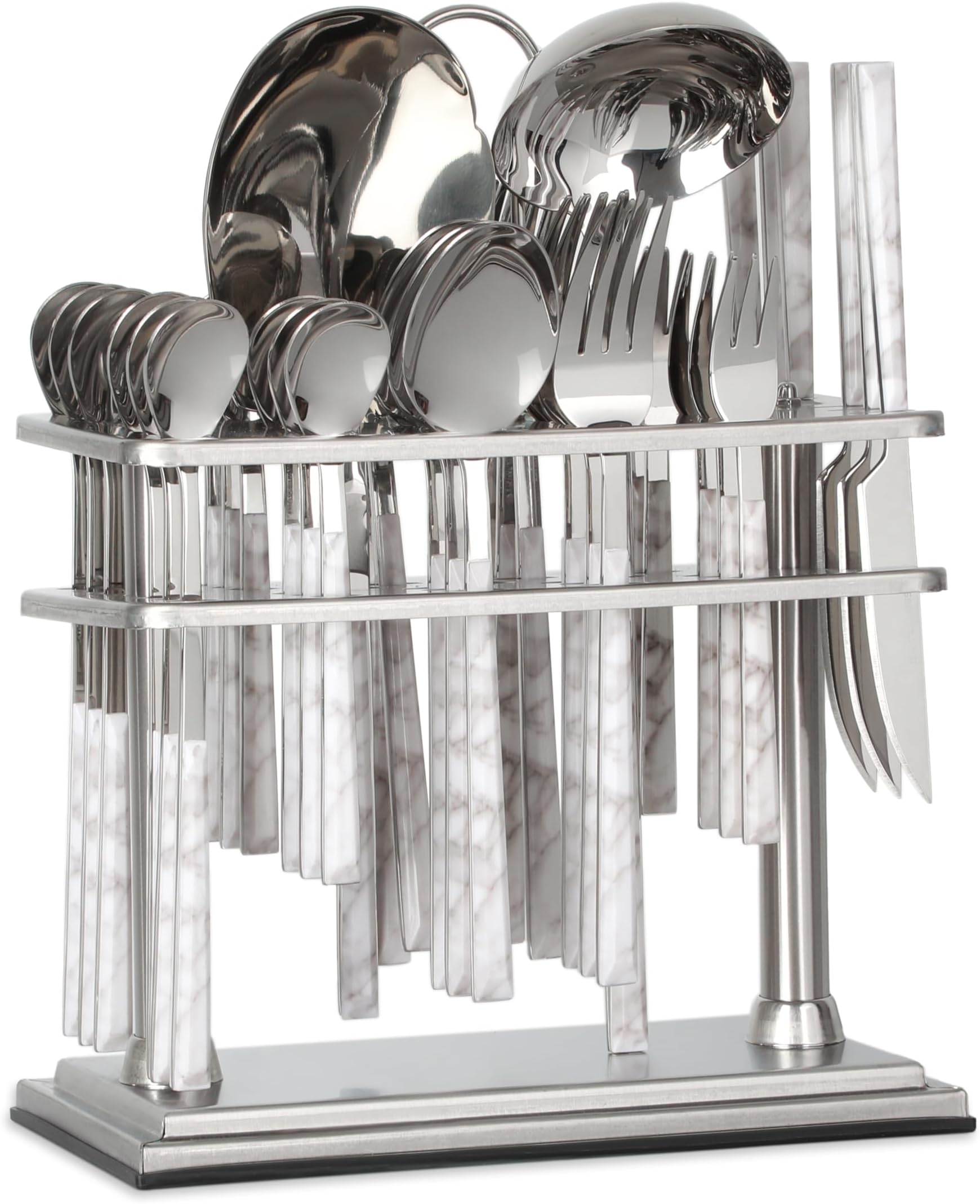 LIFE SMILECutlery Set, 18/10 Pure Stainless Steel Flatware Set with Stand, Rust Proof & Fade Proof Dinnerware Set (MIRROR POLISH HEAD & WHITE MARBLE HANDLE, 39 Pieces)