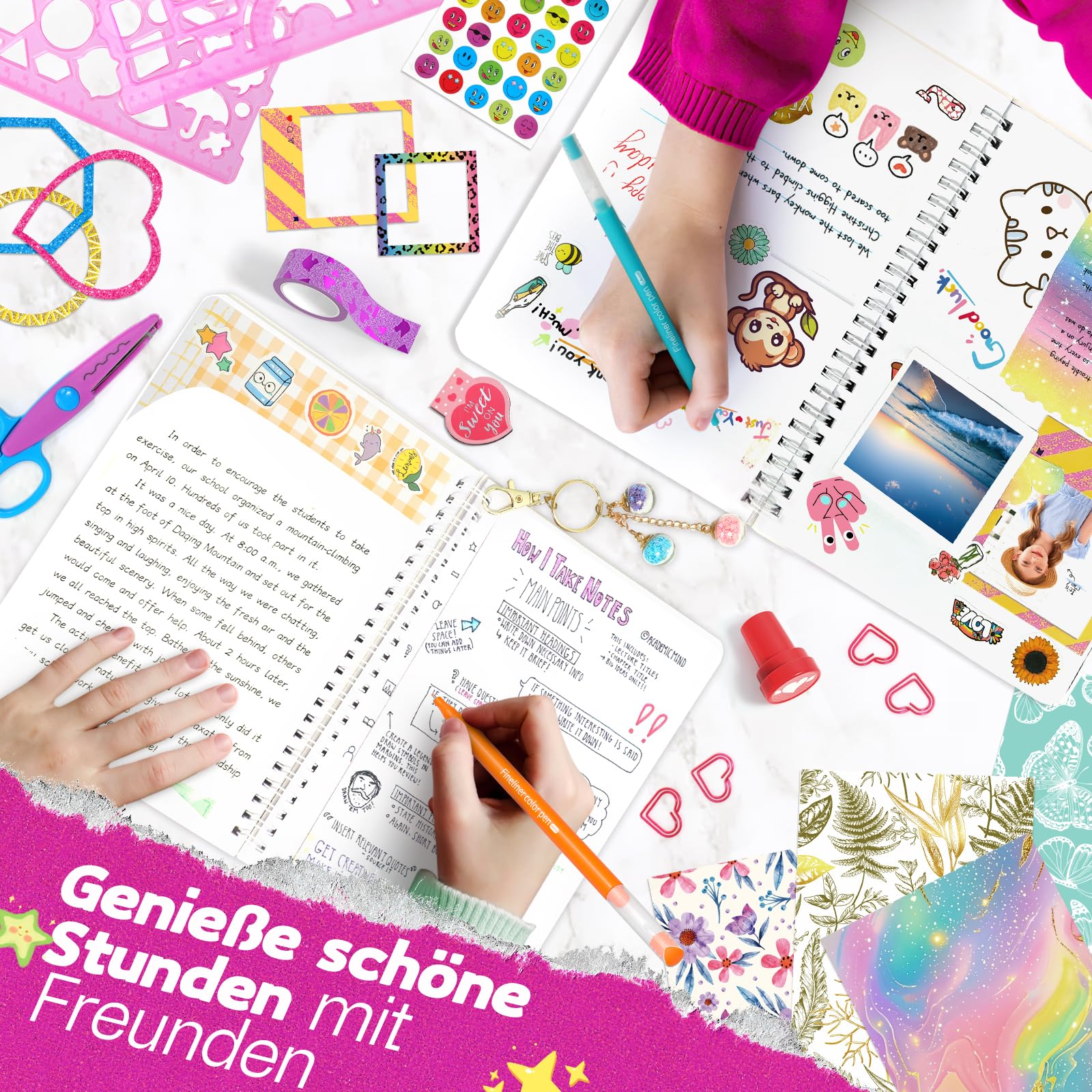 2-Pack Mega DIY Tagebuch Set Mädchen, Tagebuch Geschenk ab 8 9 10 11 12 13 14 Jahre Mädchen, Schulsachen und Scrapbook Set für Teenagermädchen, Kreative Geschenke für 8-14 Jahre Teenagermädchen