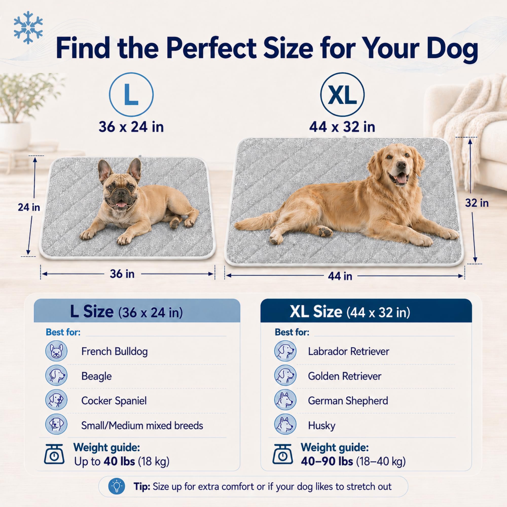 Tapis de refroidissement pour chien XL 111,8 x 81,3 cm – Changement de couleur Q-Max > 0,5 – Tapis rafraîchissant pour grands chiens – Lavable en machine, imperméable, antidérapant