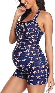 EastElegant Maternity One Piece Swimwear Retro Halter Swimsuits with Boyleg Pregnancy Bathing Suits Boyshort