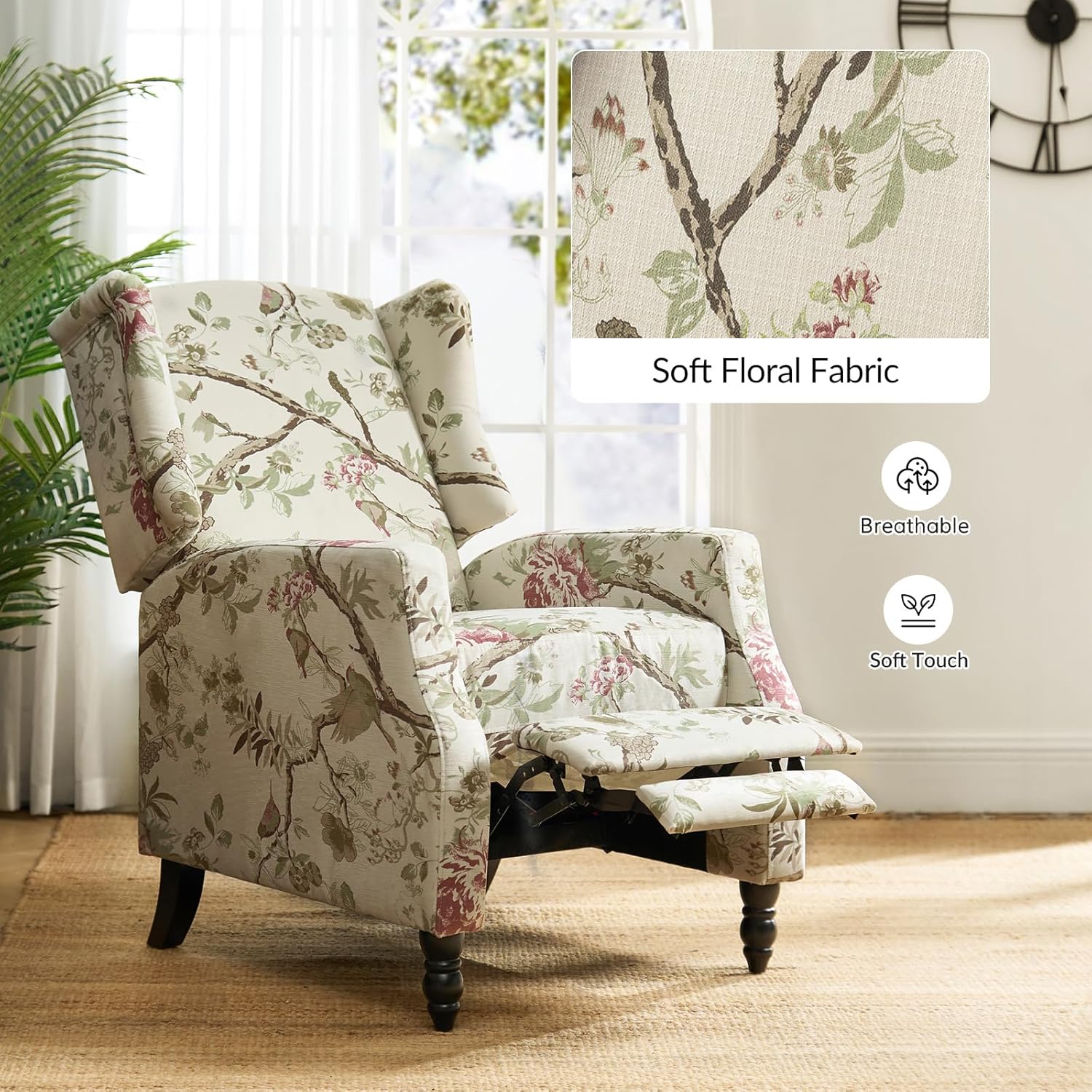 Bird Pattern Wingback Recliner Set with Cushioned Seat