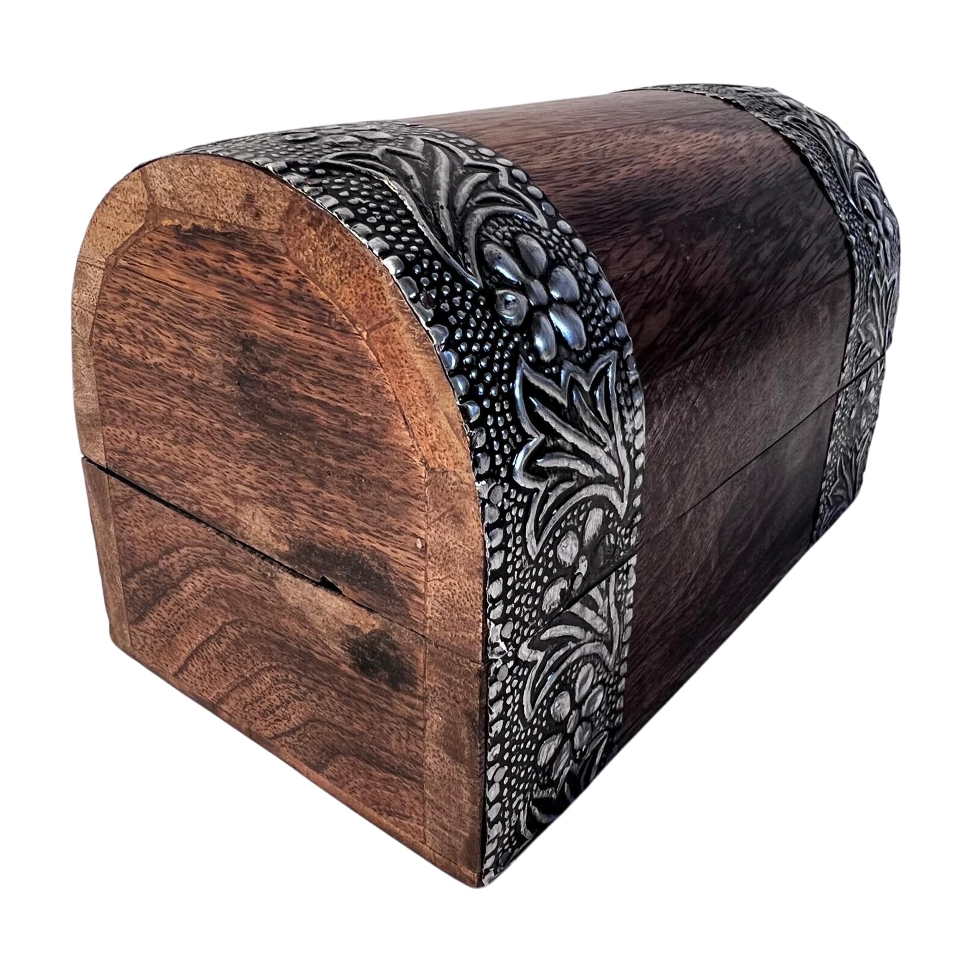 Thorness Brown Mango Wood Treasure Chest Trinket Box, Floral Embossed Design And Hinged Lid, Perfect For Jewellery, Keepsakes, Trinkets